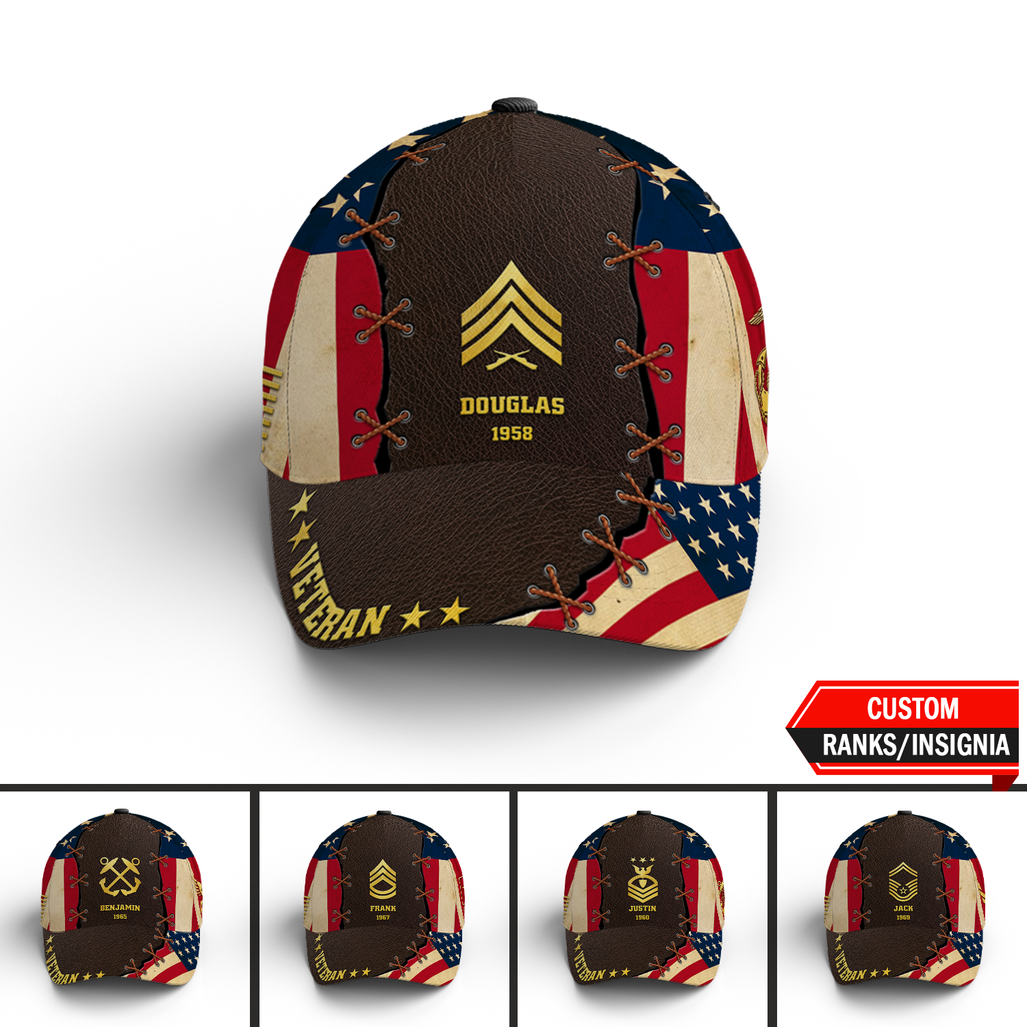 US Military Veteran, USA Flag Custom Ranks/Insignia, Personalized Name And Years Served All Over Prints Premium Classic Cap