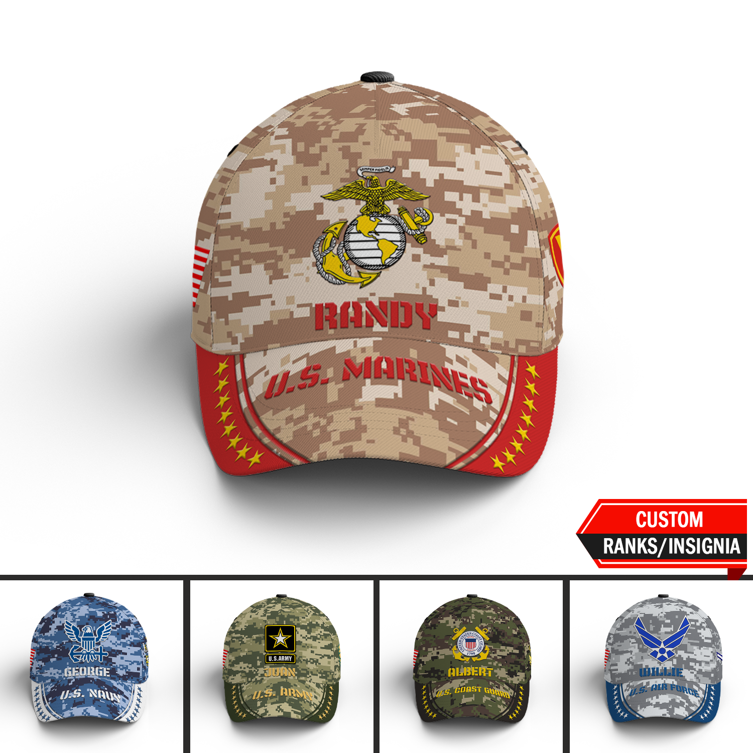 Custom Ranks/Insignia, Military Digital Camo, Personalized Name And Years Served All Over Prints Premium Classic Cap