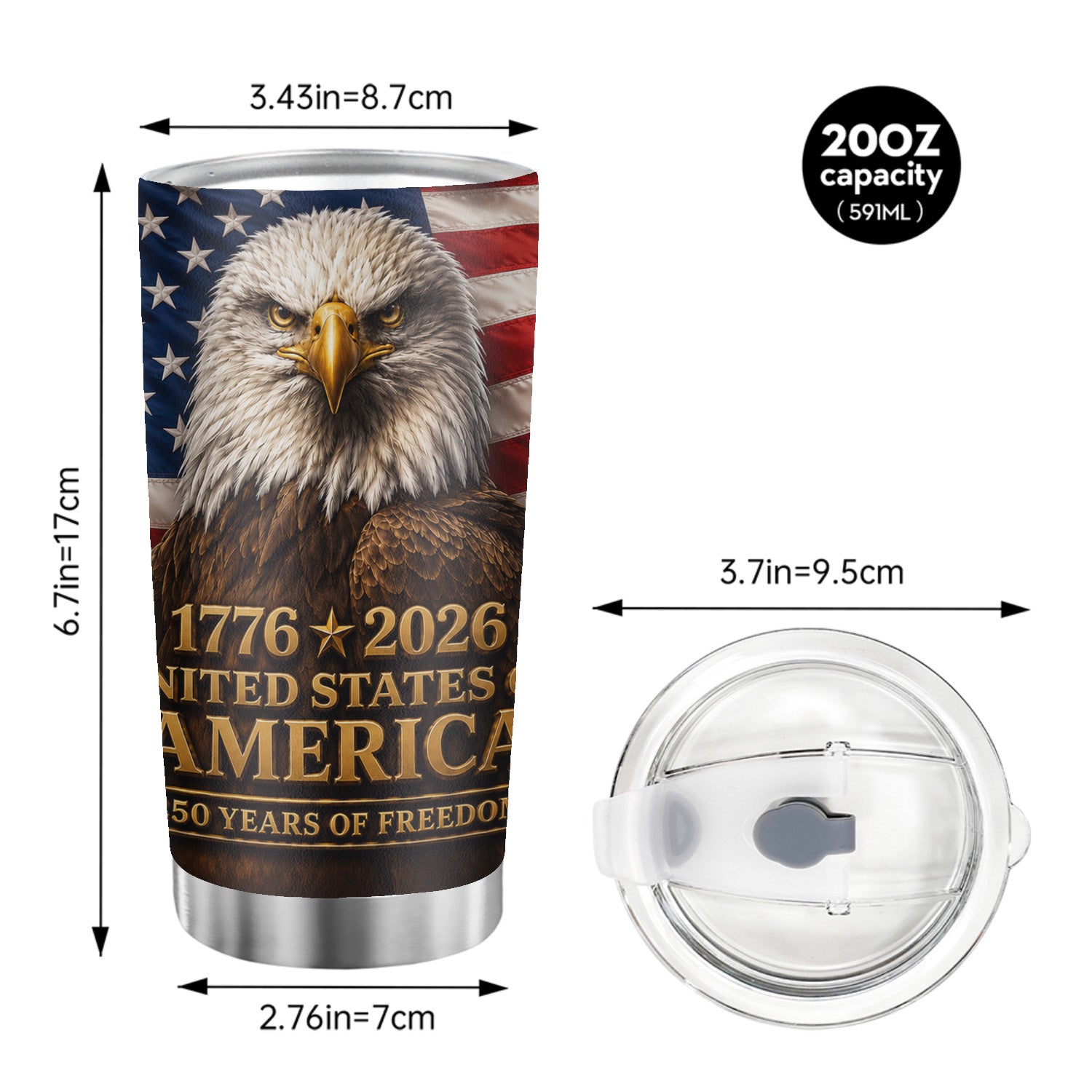 USA 250th Anniversary Bald Eagle American Flag 20oz Tumbler