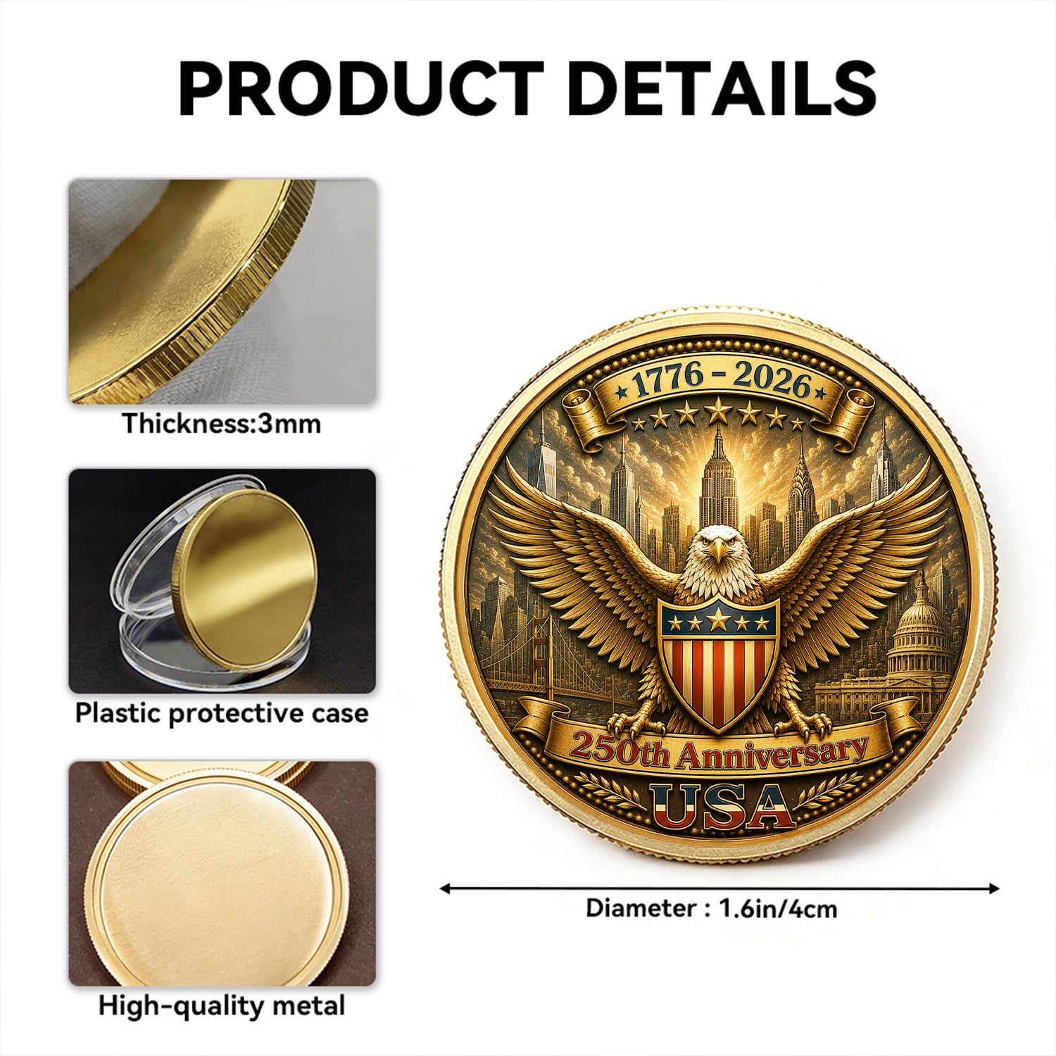 USA 250th Anniversary 1776-2026 3D Challenge Coin Patriotic Gift