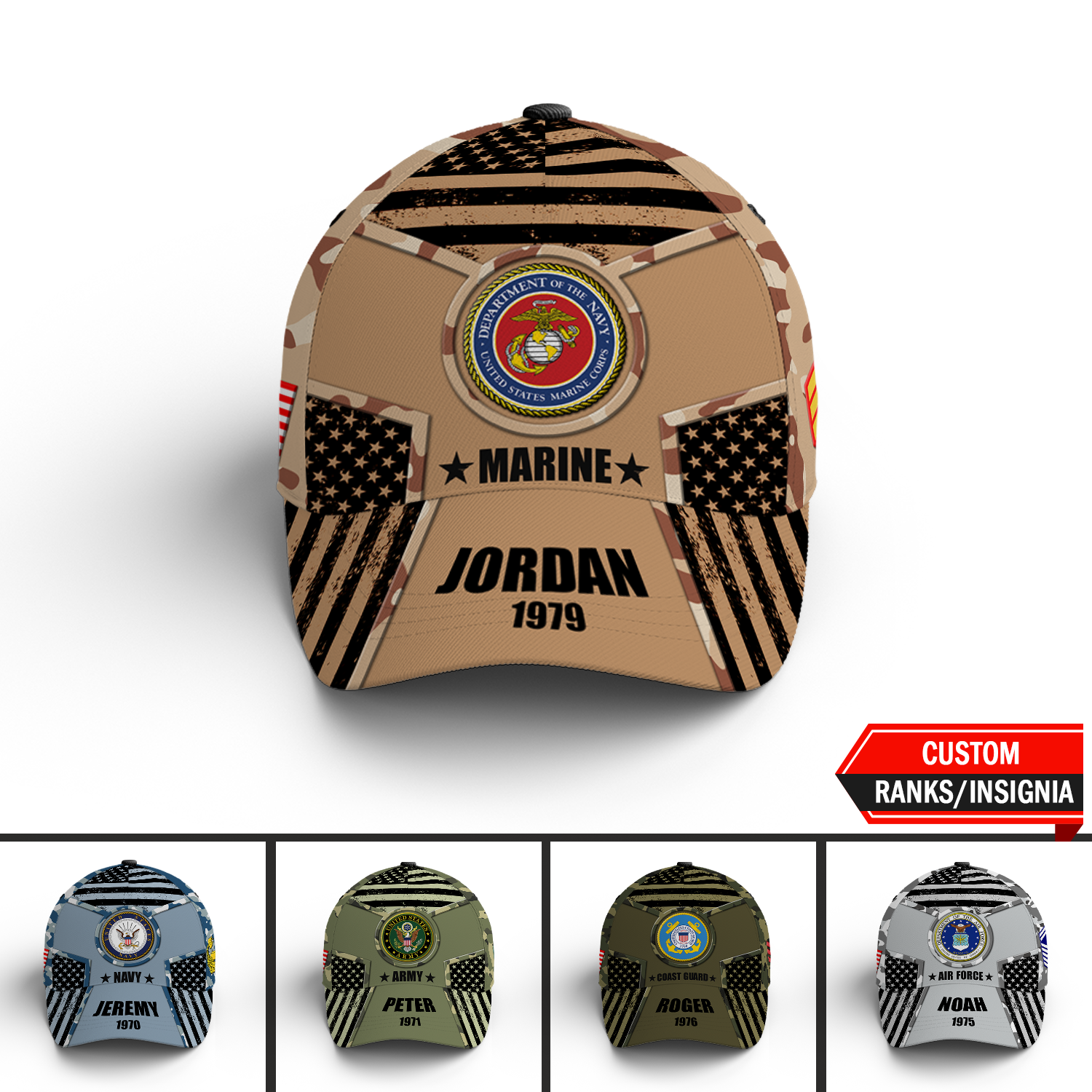 US Military Digital Camo, Custom Ranks/Insignia, Personalized Name And Years Served All Over Prints Premium Classic Cap