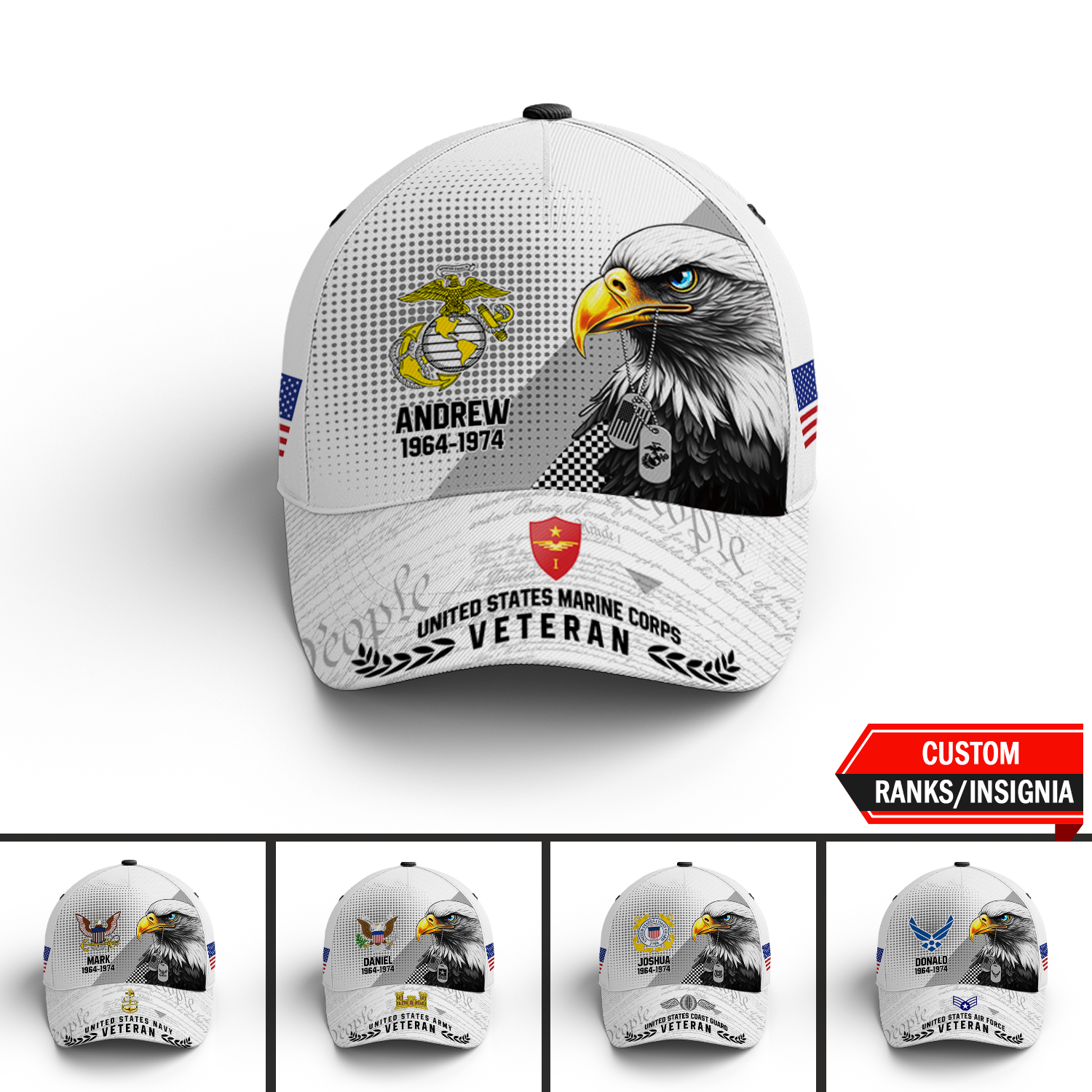 US Military Veteran American Eagle Custom Ranks/Insignia, Personalized Name And Years Served All Over Prints Premium Classic Cap