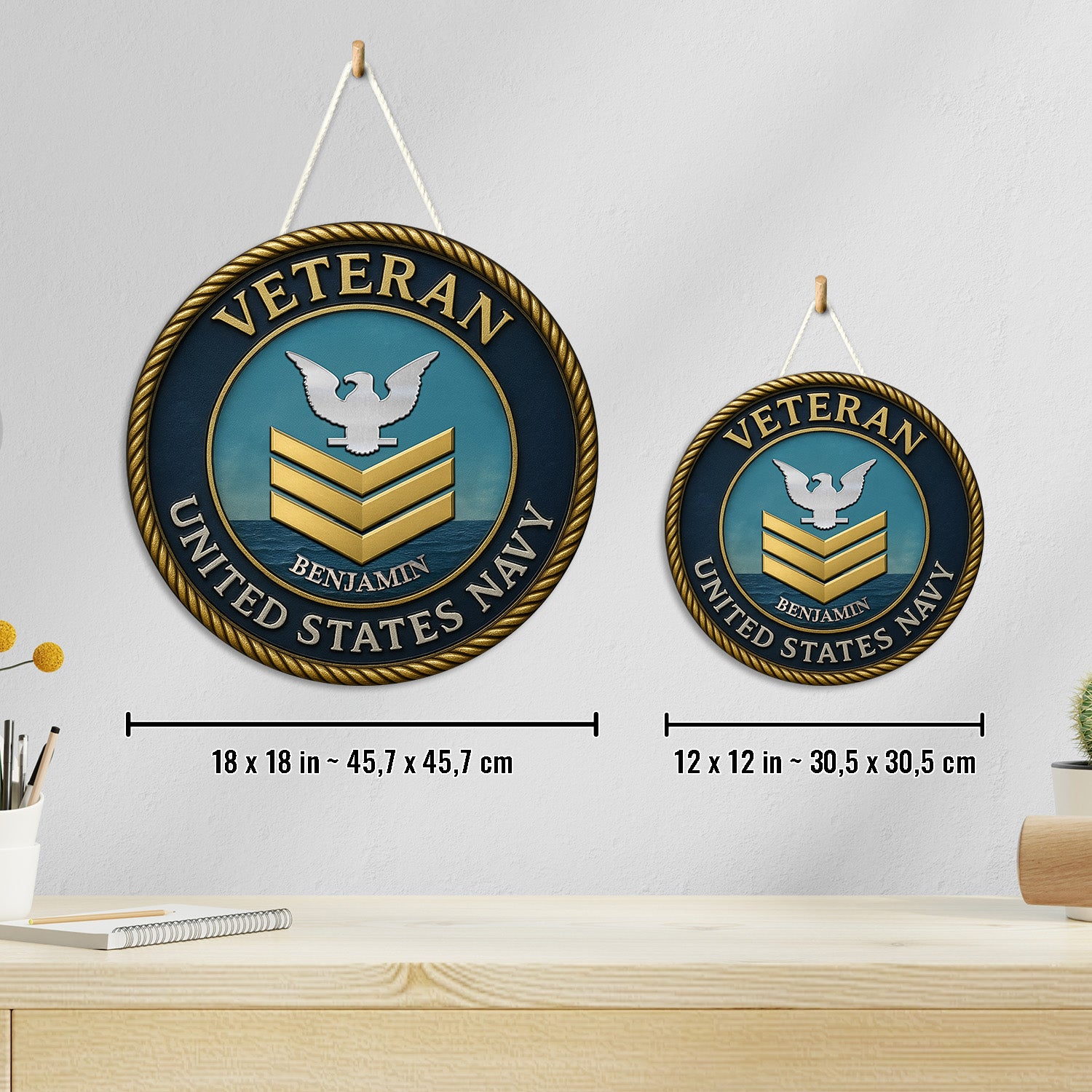 US Navy Veteran & Retired - Personalized Round Wooden Sign