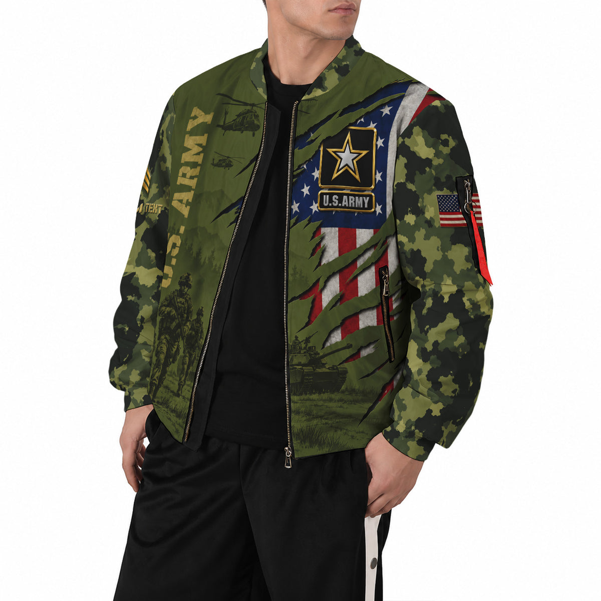Personalized U.S. Army Bomber Jacket Custom Rank & Text Veteran Gift