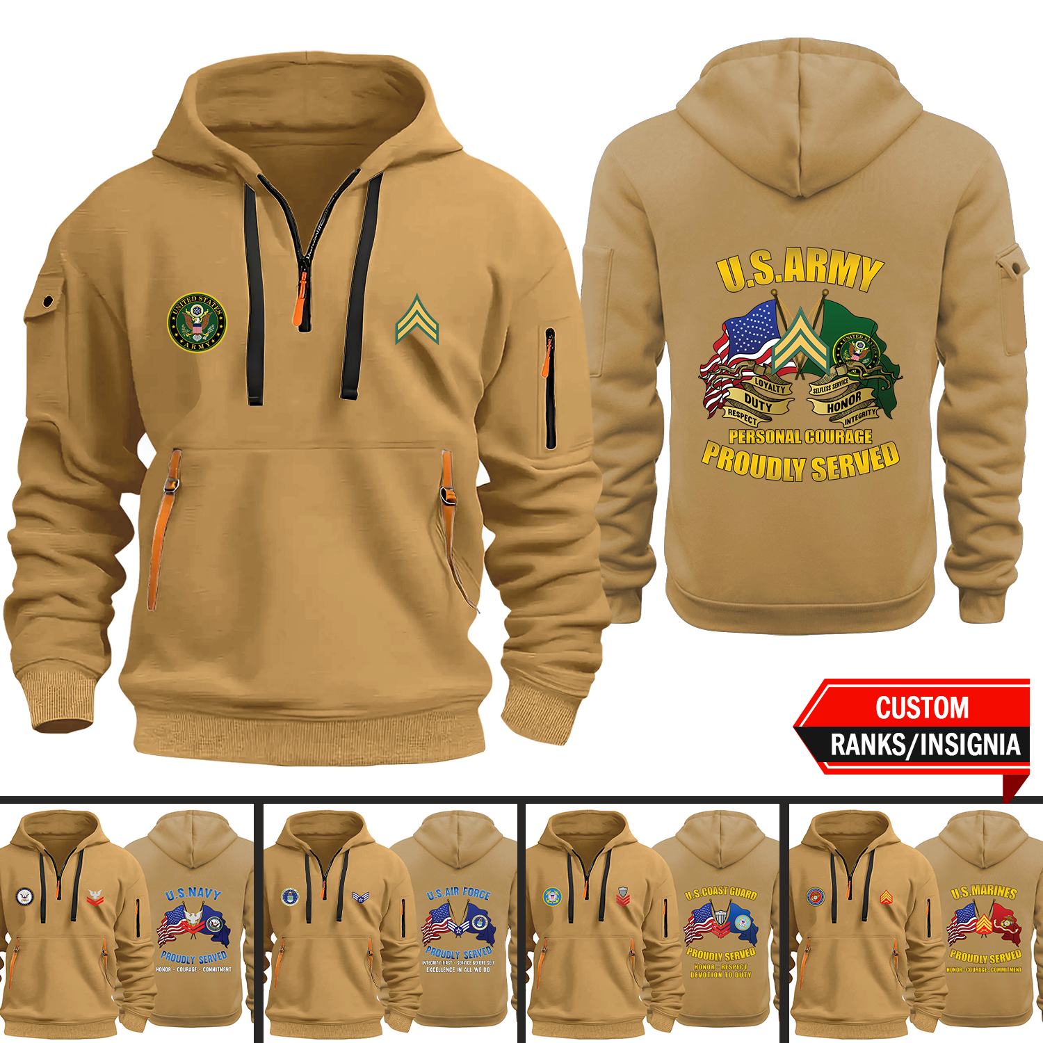 CustomUS Military Logo/Ranks Proudly Served Core Values 2D Quarter Zip Hoodie