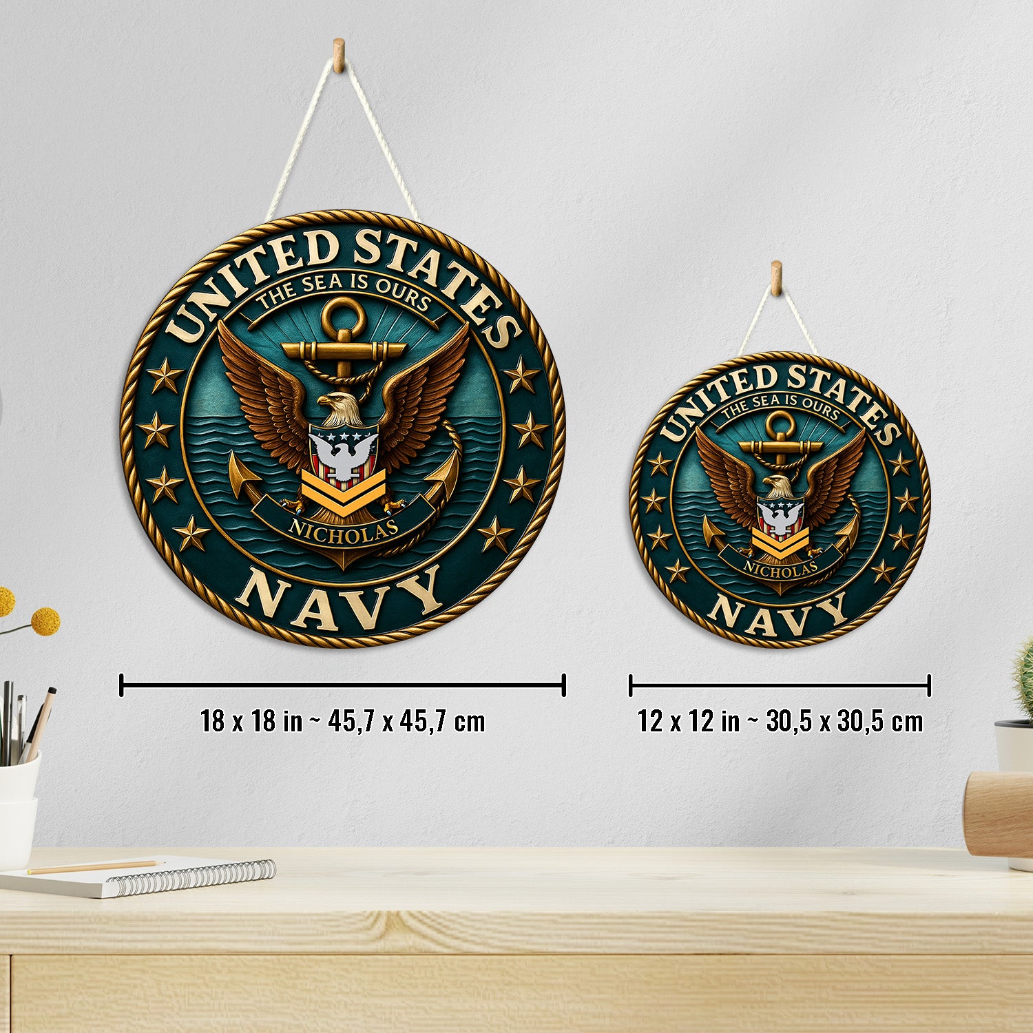 U.S. Navy “The Sea Is Ours” Wooden Sign – Personalized Name & Rank