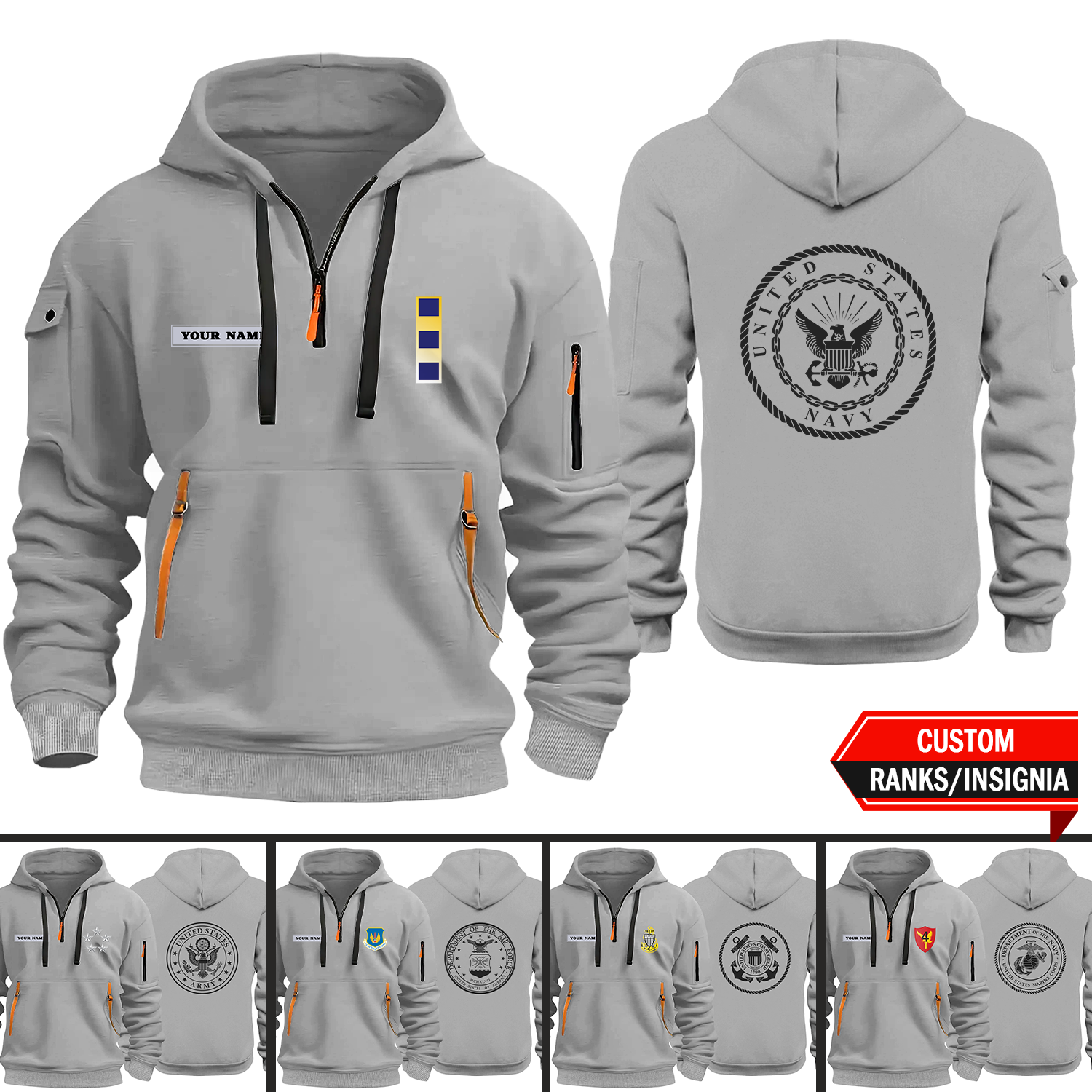 Custom Ranks/Insignia, Personalized Text 2D Quarter Zip Hoodie