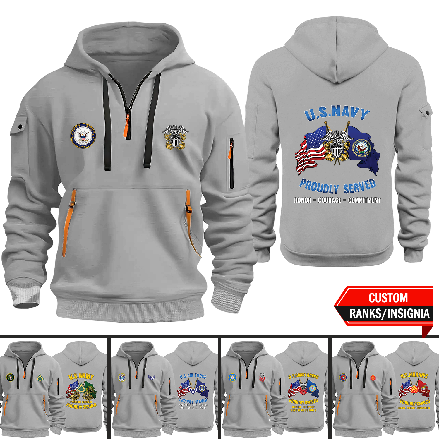 CustomUS Military Logo/Ranks Proudly Served Core Values 2D Quarter Zip Hoodie