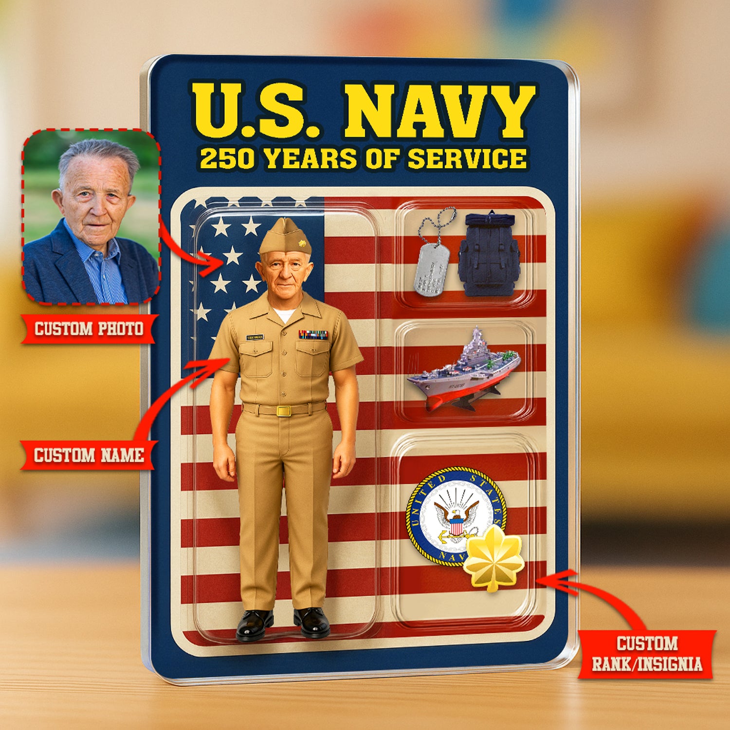 Personalized US Navy 250th Years Of Service Custom Figure Service Uniforms Acrylic Block