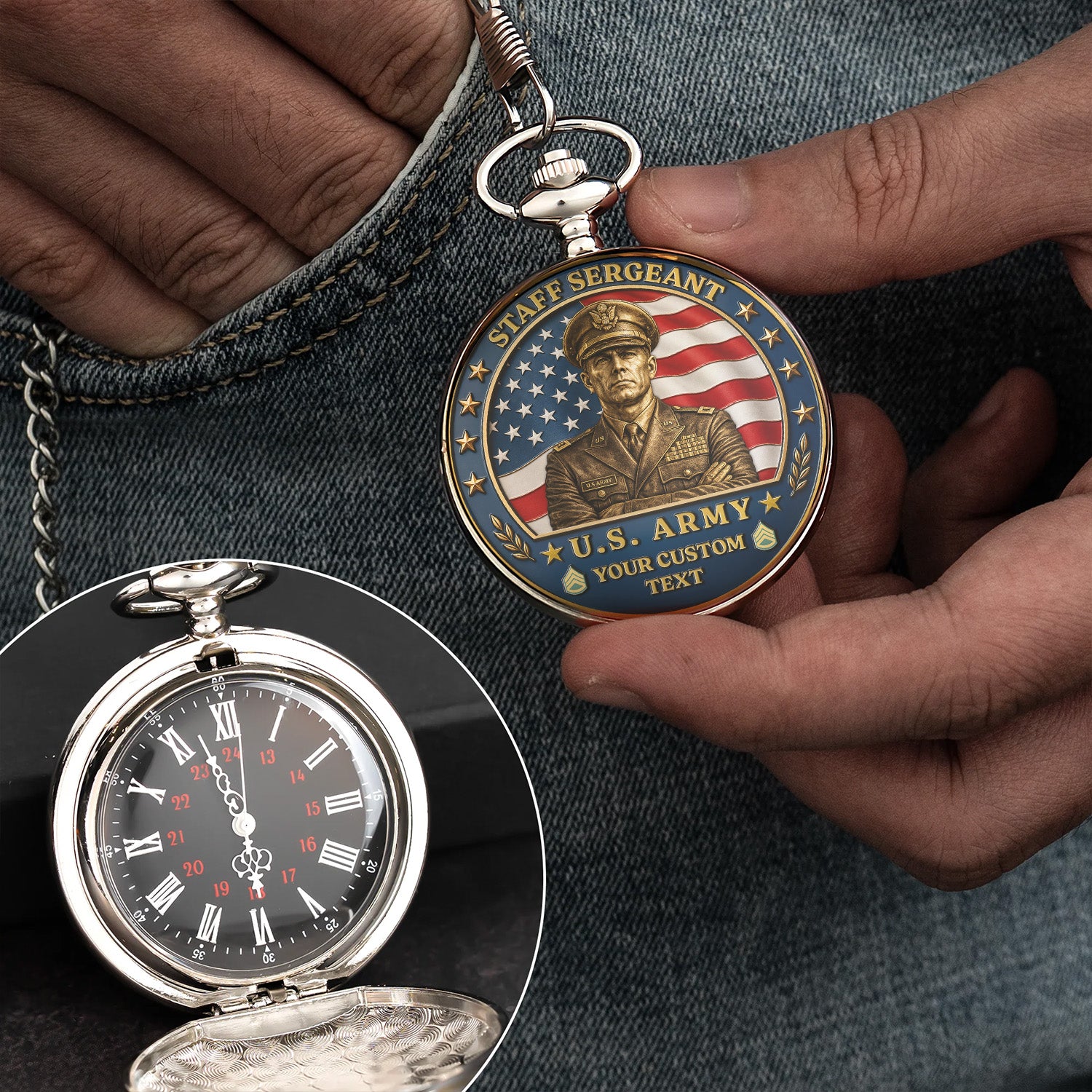 Personalized Army Military Pocket Watch Custom Text Gift