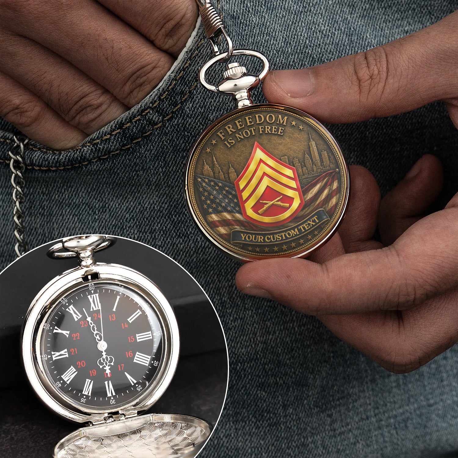 Personalized USMC 250th Anniversary Pocket Watch Custom Rank Gift