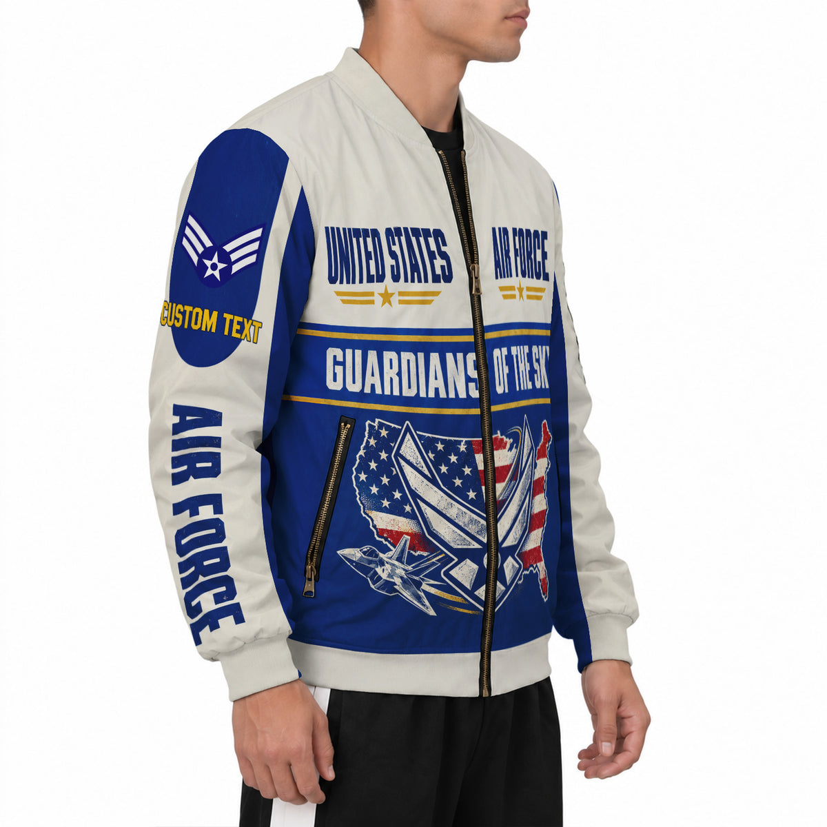 Personalized USAF Airman Bomber Jacket Custom Rank Text Military Veteran Gift