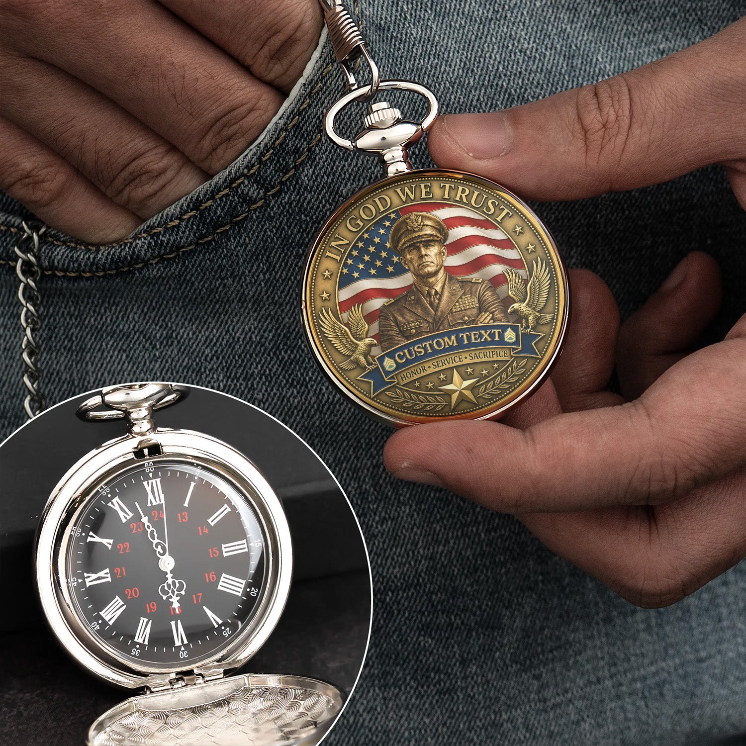 US Army Personalized Pocket Watch Custom Rank Veteran Gift