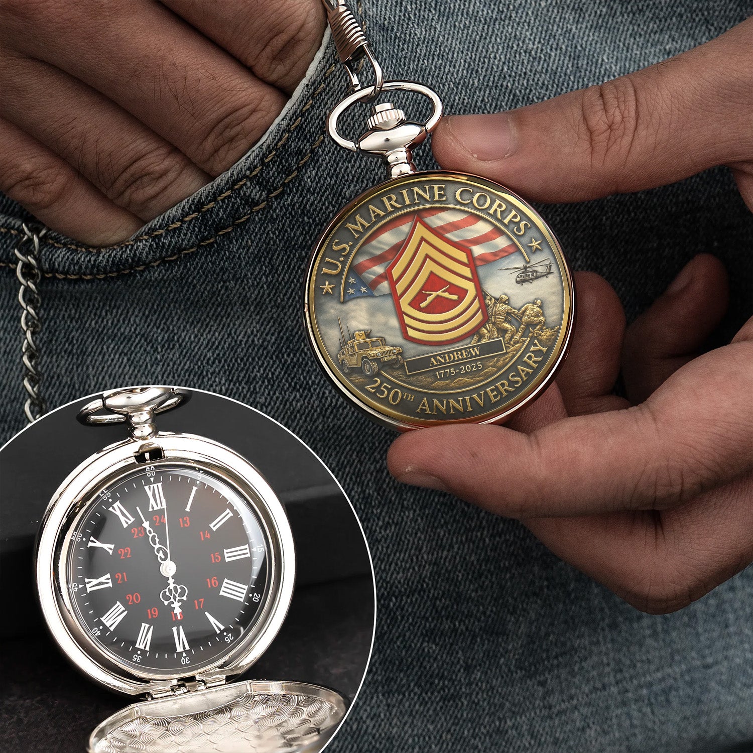 Personalized MARlNE 250th Anniversary Pocket Watch