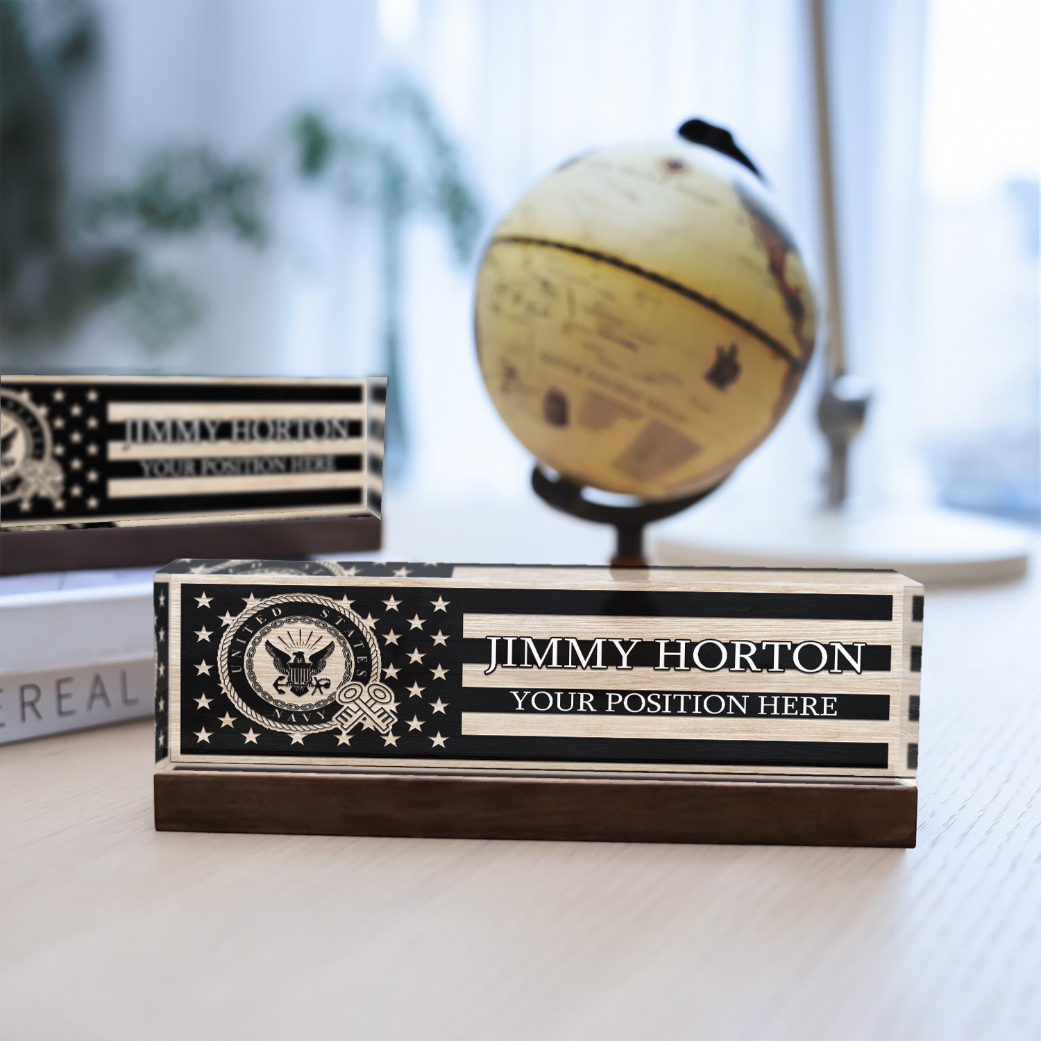Custom US Navy Black & White Flag Desk Nameplate for Sailors, Veterans & Retirees
