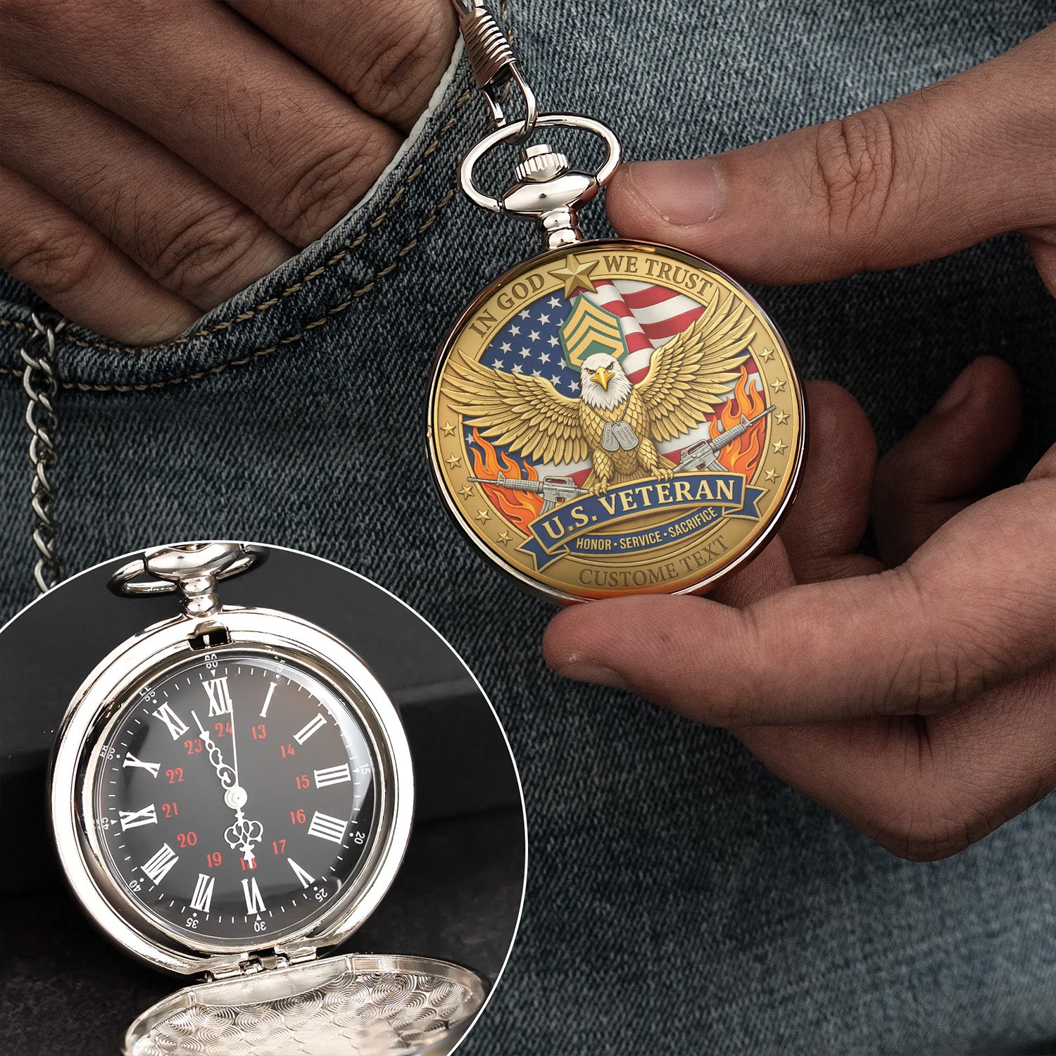 Personalized Army Veteran Pocket Watch USA 1776-2026 Gift
