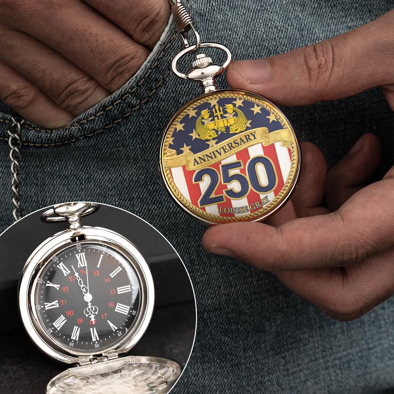 Personalized US Navy Pocket Watch Custom Text Military Retirement Gift
