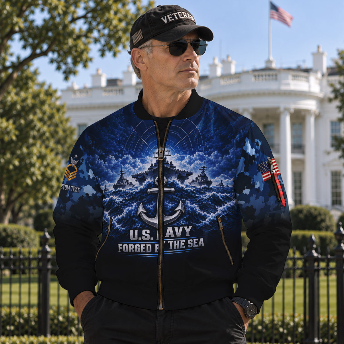 Custom US Navy Bomber Jacket Personalized Name Rank for Veterans