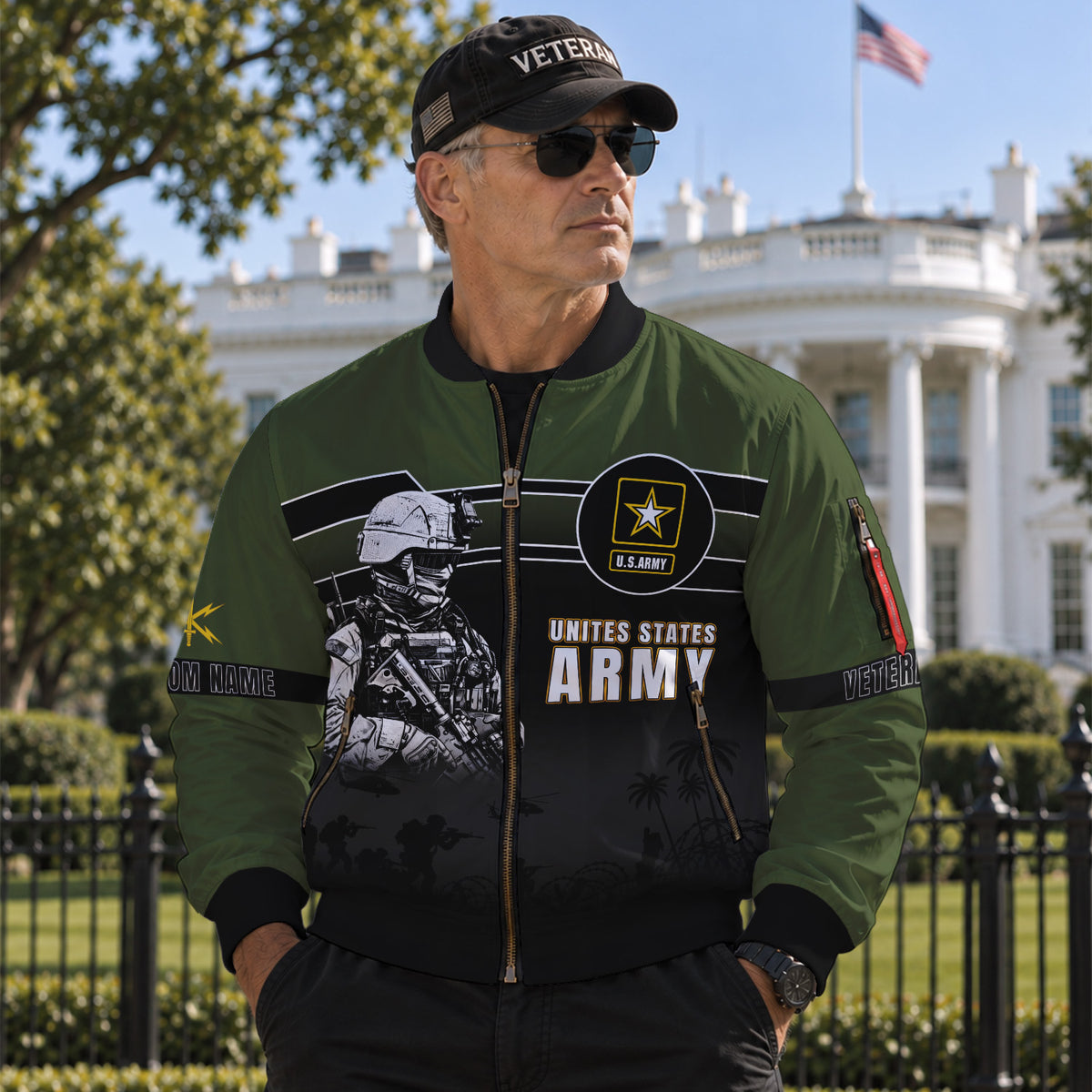 Personalized US Army Veteran Bomber Jacket Personalized Name Rank Military Gift
