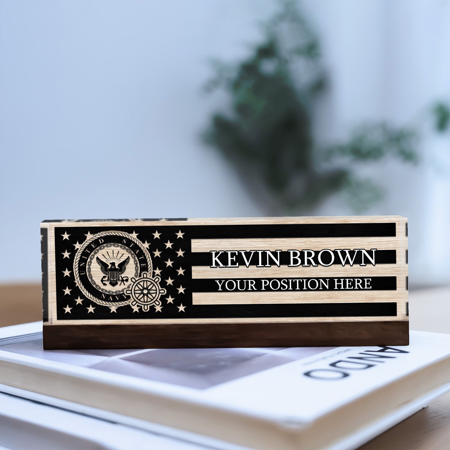Custom US Navy Black & White Flag Desk Nameplate for Sailors, Veterans