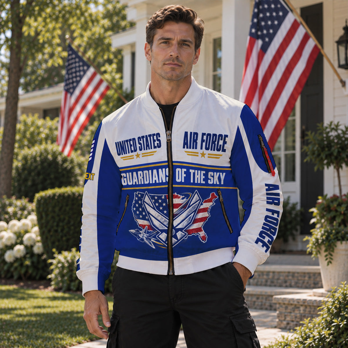 Personalized USAF Airman Bomber Jacket Custom Rank Text Military Veteran Gift
