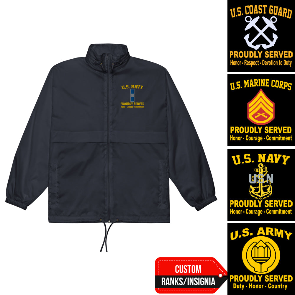 Custom US Military Ranks/Insignia Proudly Served Core Value Embroidered Unisex Windbreaker