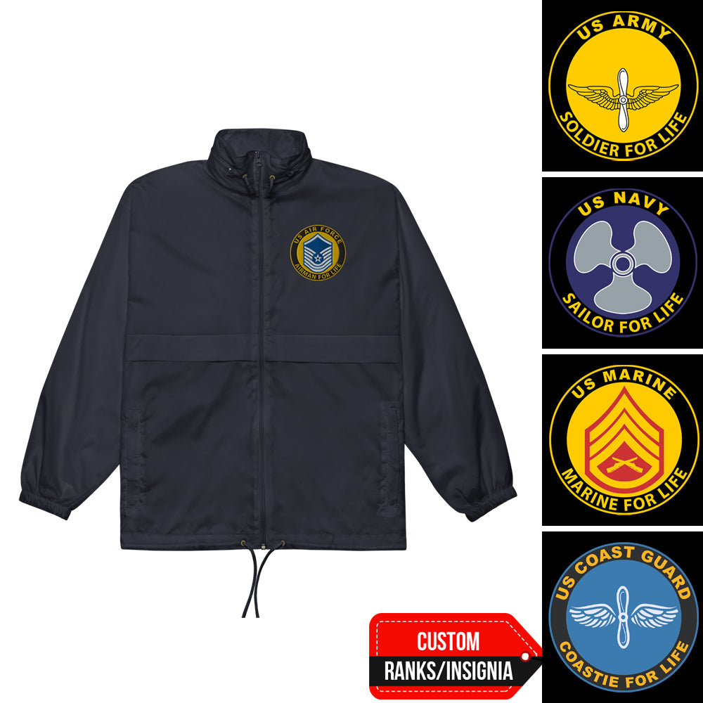 US Military Soldier, Sailor, Airman For Life Custom Ranks/Insignia Embroidered Unisex Windbreaker