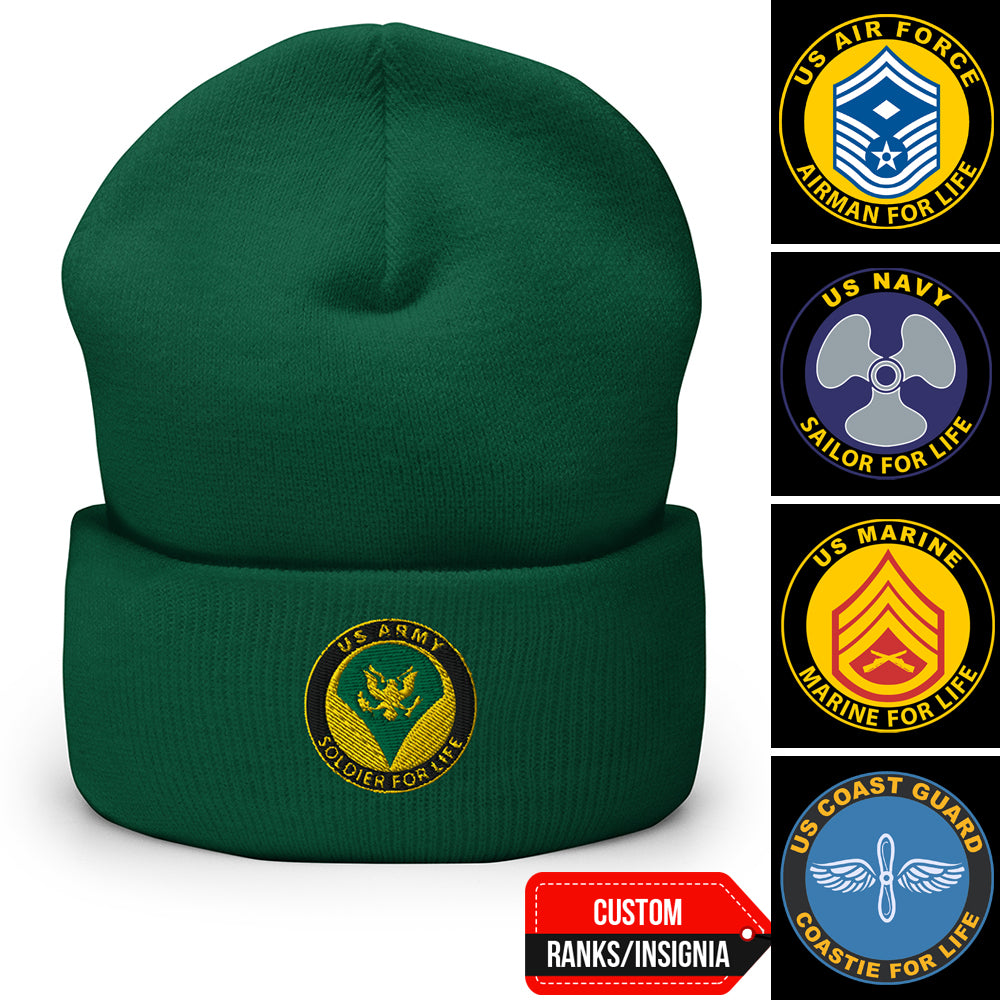 US Military Soldier, Sailor, Airman For Life Custom Ranks/Insignia Embroidered Beanie