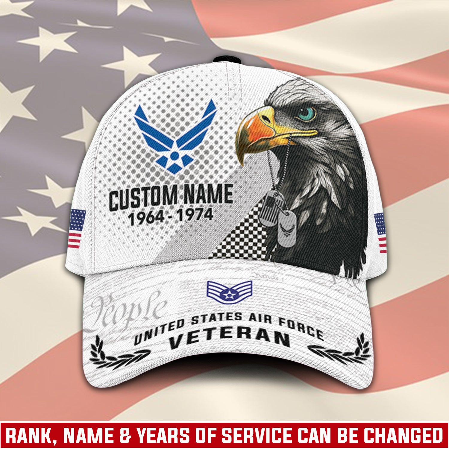 US Military Veteran American Eagle Custom Ranks/Insignia, Personalized Name And Years Served All Over Prints Premium Classic Cap