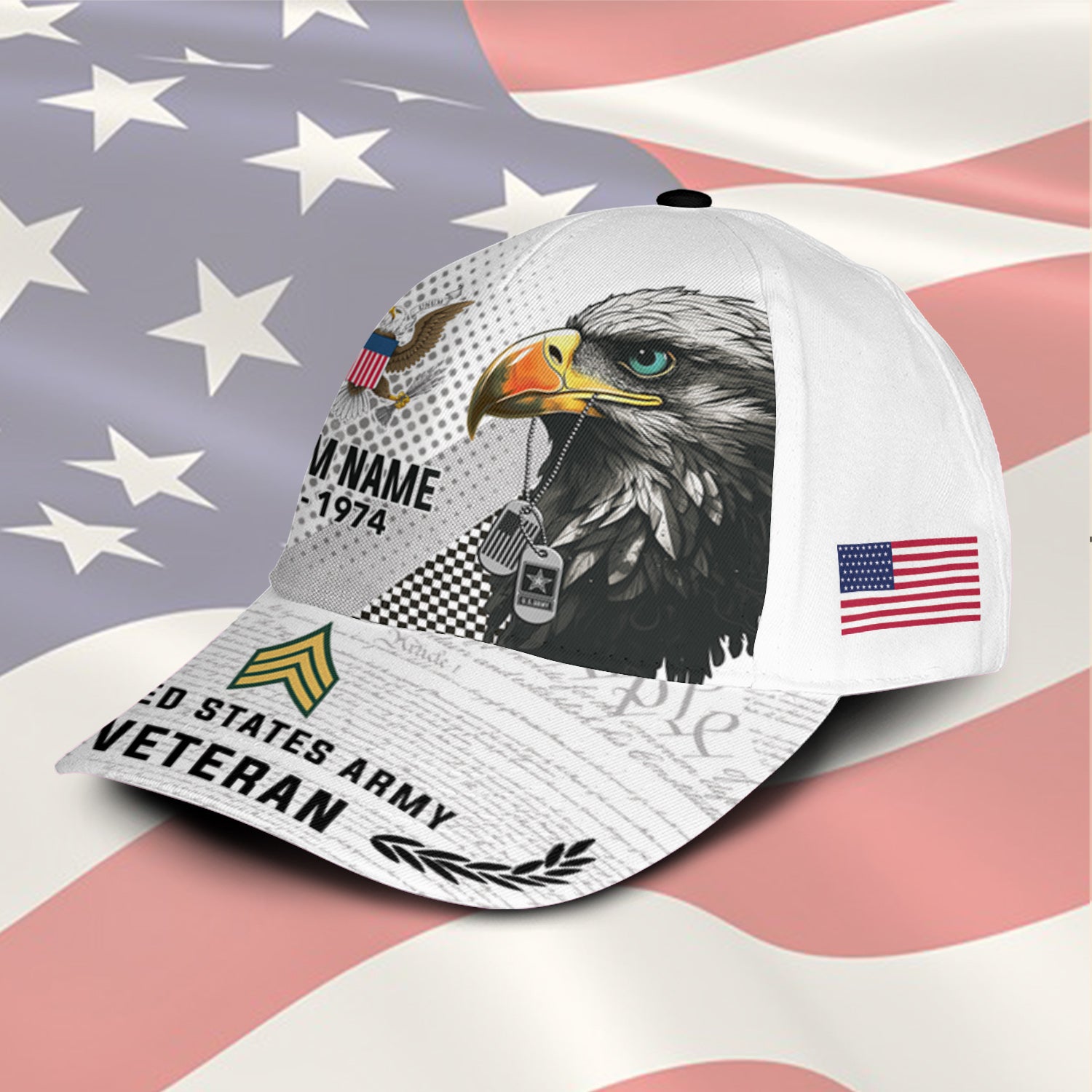 US Military Veteran American Eagle Custom Ranks/Insignia, Personalized Name And Years Served All Over Prints Premium Classic Cap