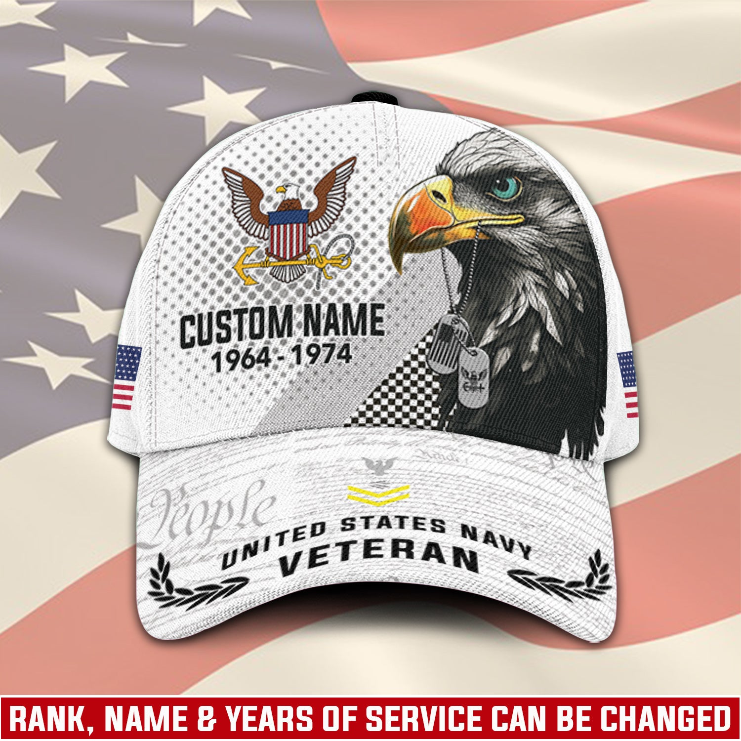 US Military Veteran American Eagle Custom Ranks/Insignia, Personalized Name And Years Served All Over Prints Premium Classic Cap