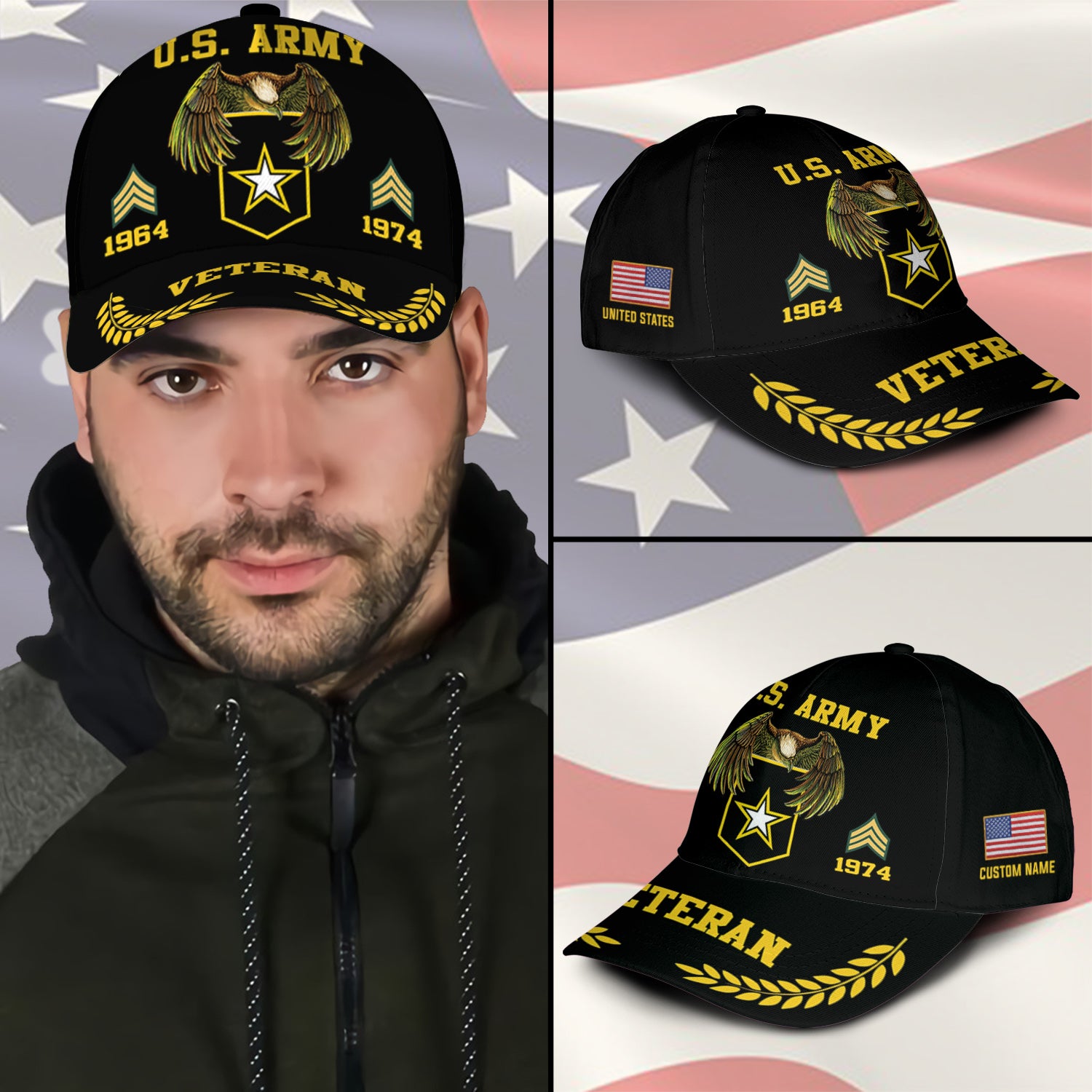 US Military Veteran Custom Ranks/Insignia, Personalized Name And Years Served All Over Prints Premium Classic Cap