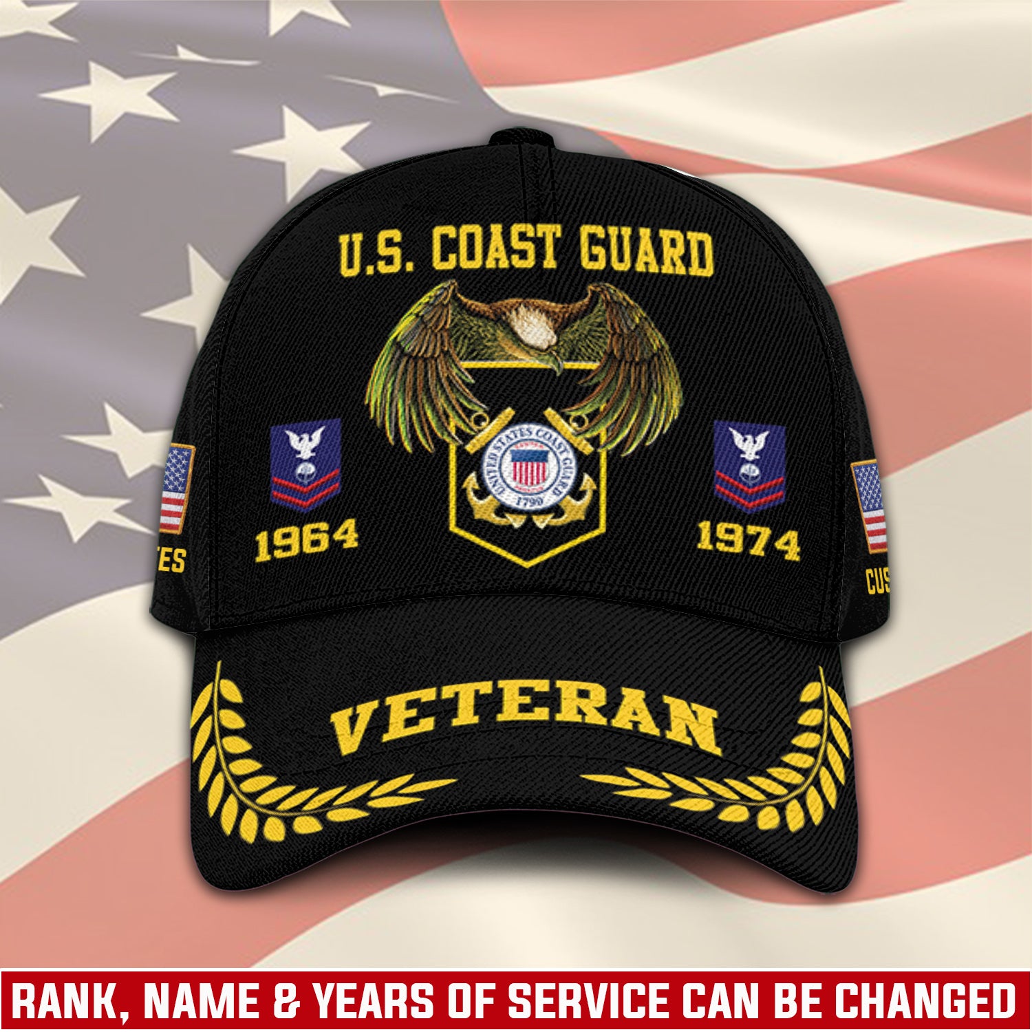 US Military Veteran Custom Ranks/Insignia, Personalized Name And Years Served All Over Prints Premium Classic Cap