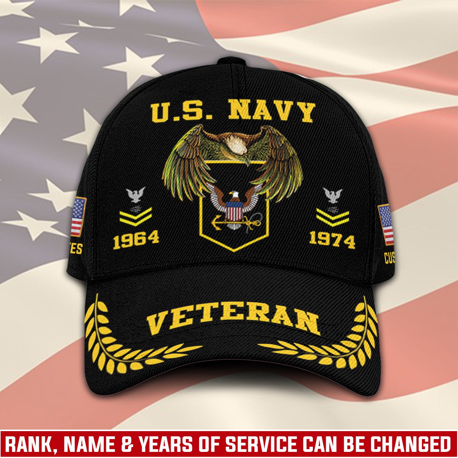 US Military Veteran Custom Ranks/Insignia, Personalized Name And Years Served All Over Prints Premium Classic Cap