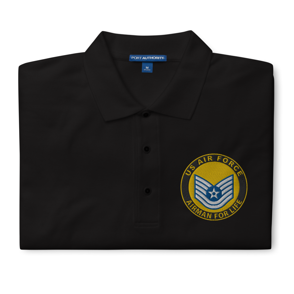 Custom US Air Force Ranks, Insignia Airman For Life Embroidered Port Authority Polo Shirt