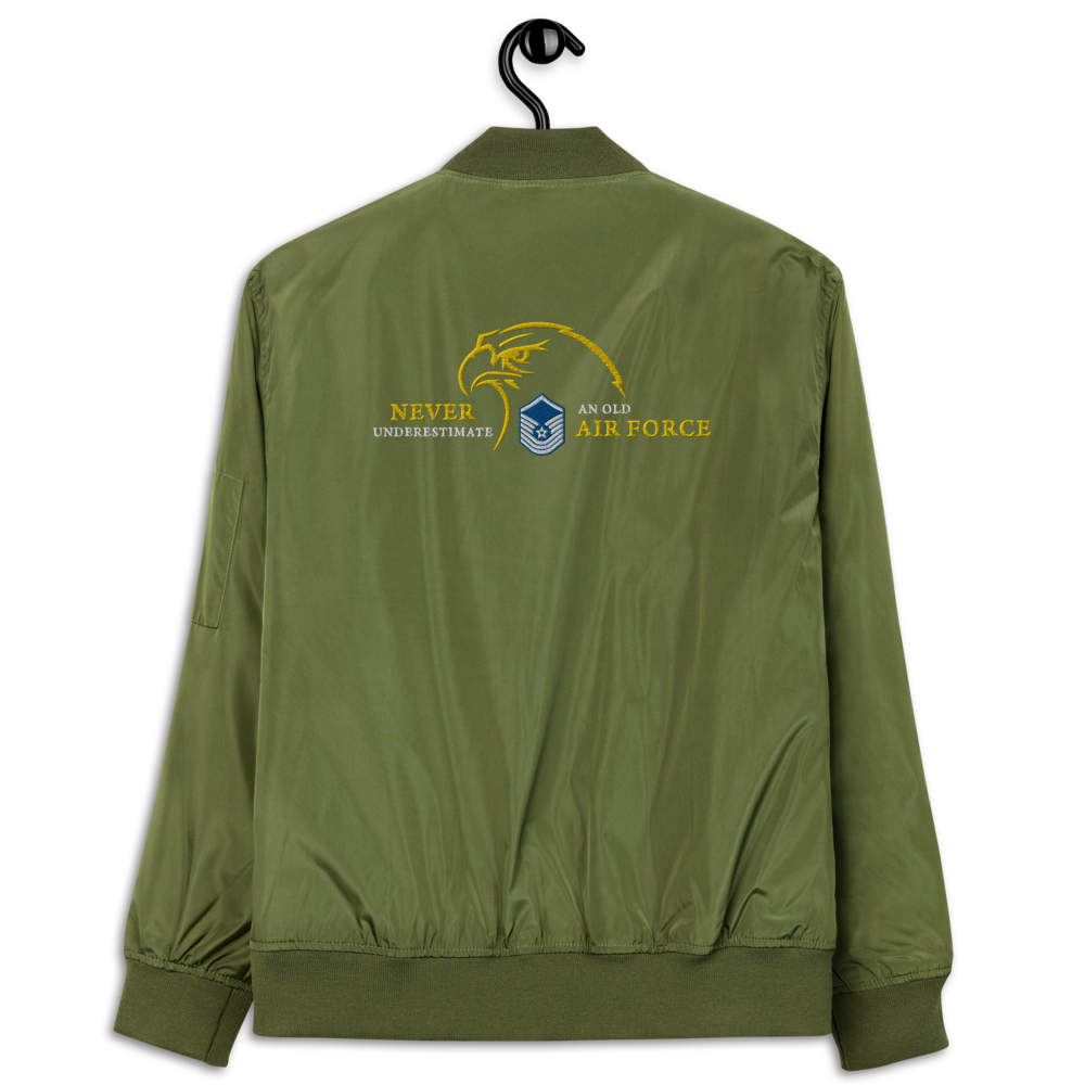 Never Underestimate An Old Air Force, Custom US Air Force Ranks, Insignia On Back, Embroidered Recycled Bomber Jacket