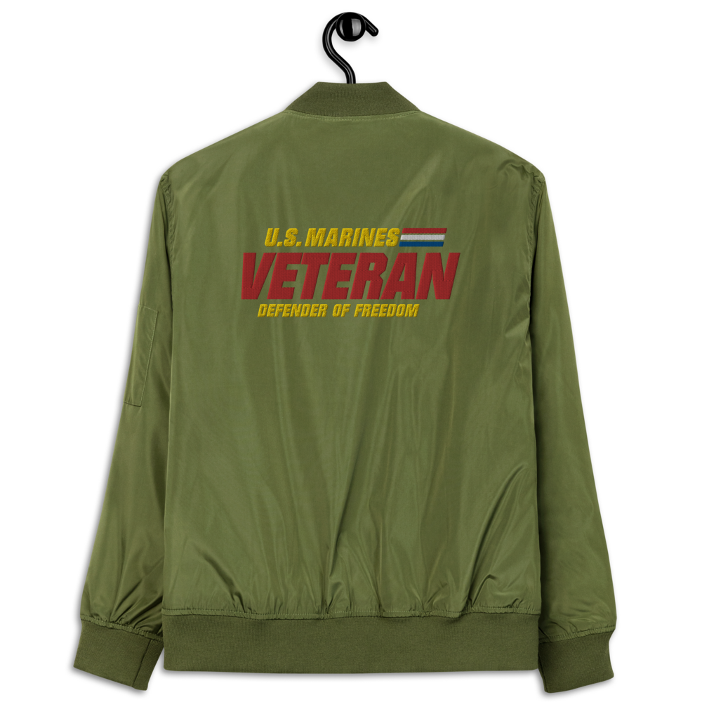 US Marines Veteran Defender Of Freedom, Custom US Marine Corps Ranks, Insignia On Left Chest, Embroidered Recycled Bomber Jacket