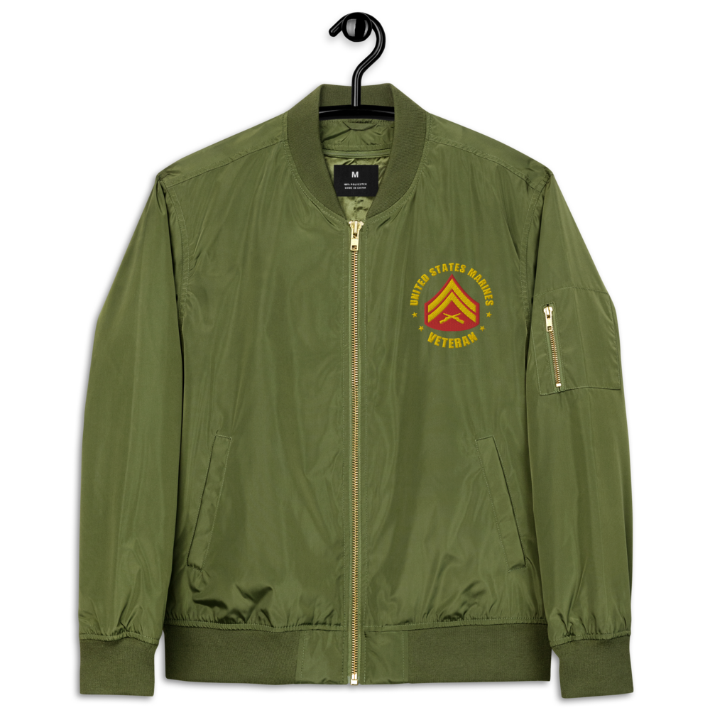 US Marines Veteran Defender Of Freedom, Custom US Marine Corps Ranks, Insignia On Left Chest, Embroidered Recycled Bomber Jacket