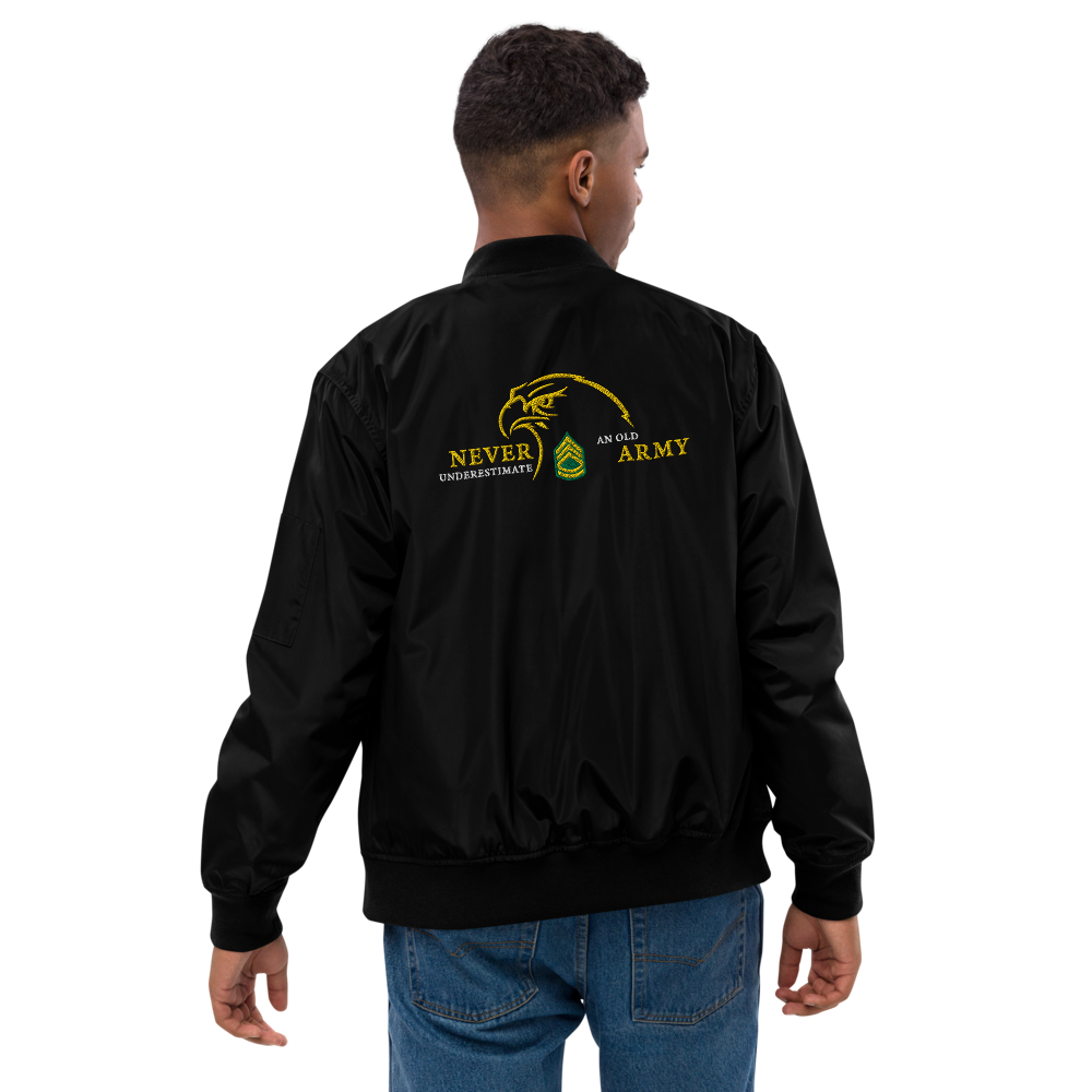 Never Underestimate An Old Army, Custom US Army Ranks, Insignia On Back, Embroidered Recycled Bomber Jacket