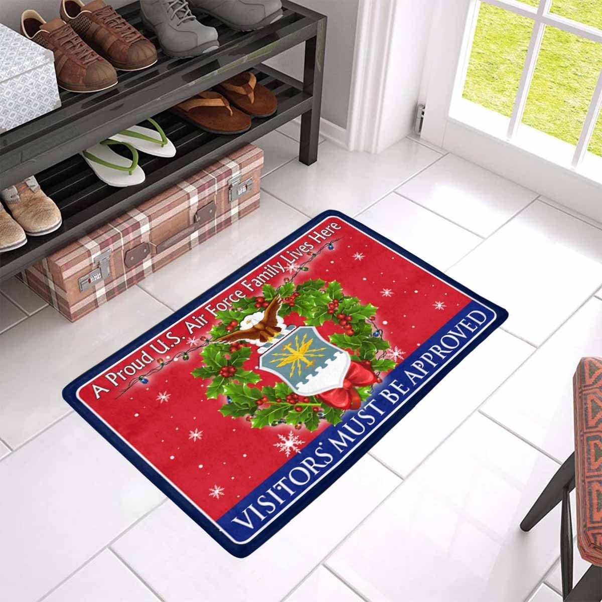 A Proud US Air Force Family Lives Here -Visitor must be approved -Christmas Doormat-Doormat-USAF-Ranks-Veterans Nation