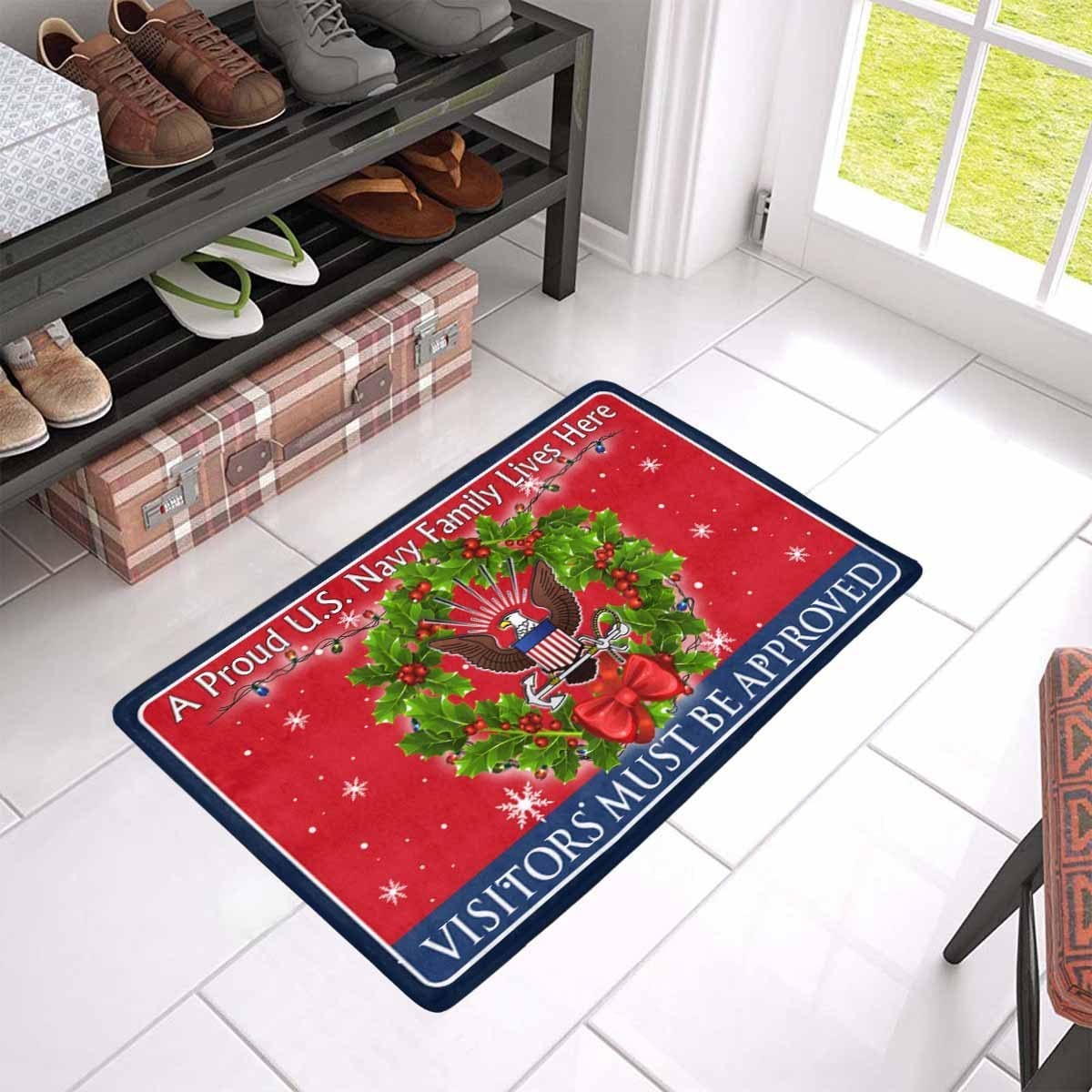 US Navy Logo A Proud Military Family Lives Here - Visitor must be approved - Christmas Doormat-Doormat-Navy-Rate-Veterans Nation