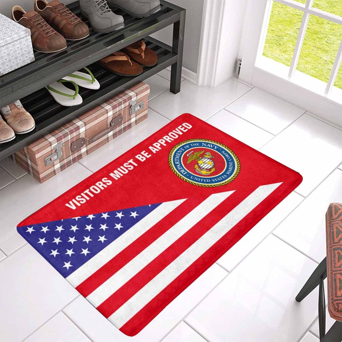 US Flag and USMC Logo - Visitors Must Be Approved Doormat-Doormat-USMC-Logo-Veterans Nation