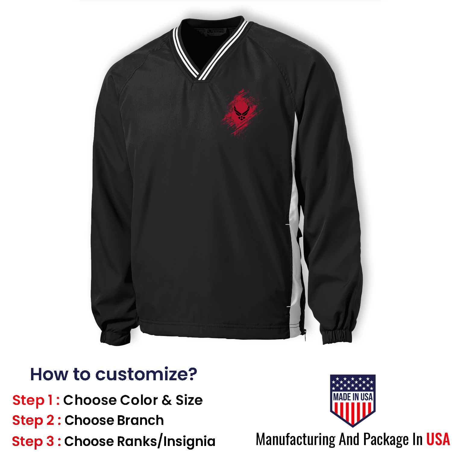 Custom US Air Force Ranks/Insignia In Heart Print On Left Chest Windshirt