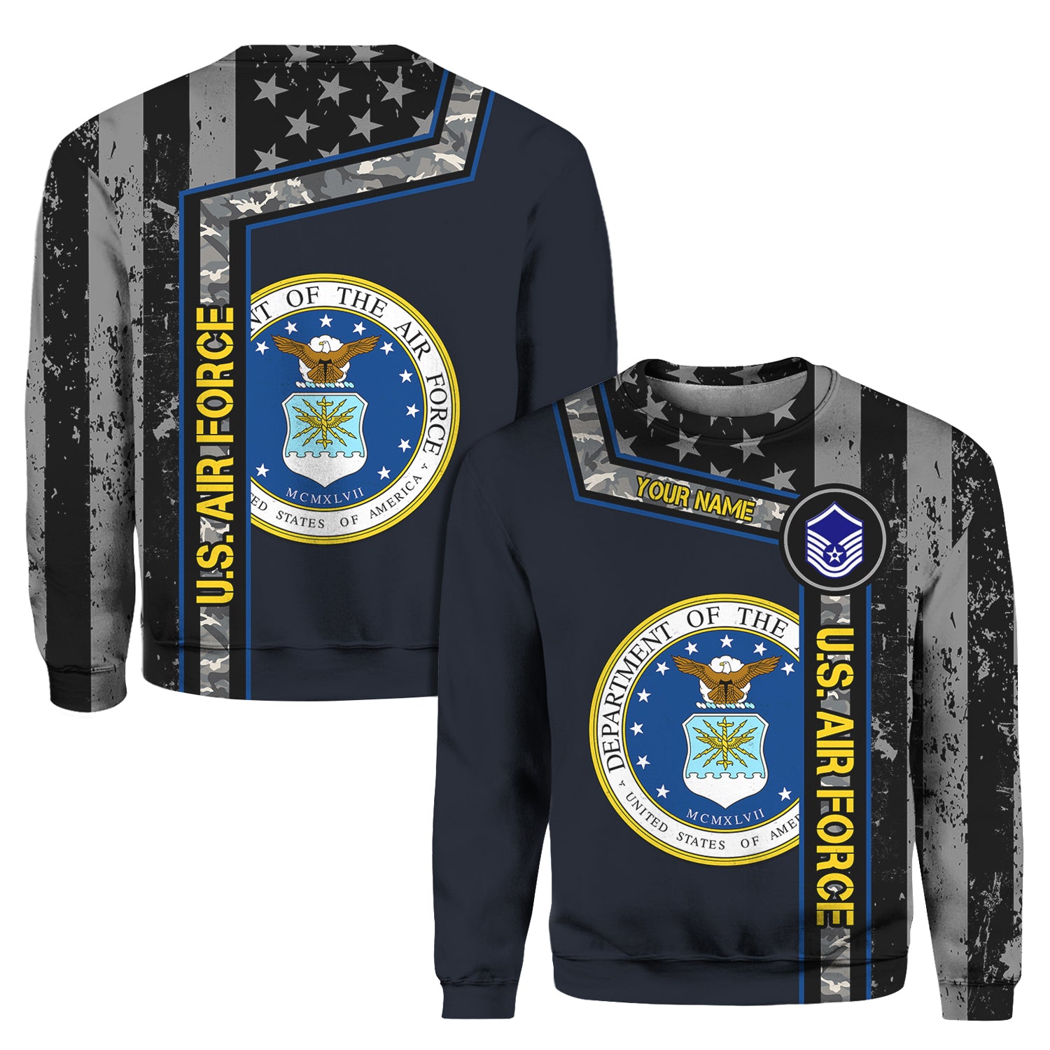 Custom 3D All Over Prints Crewneck Sweatshirt, Personalized Name And Military Logo, Black/White USA Flag-AOV-Custom-Veterans Nation