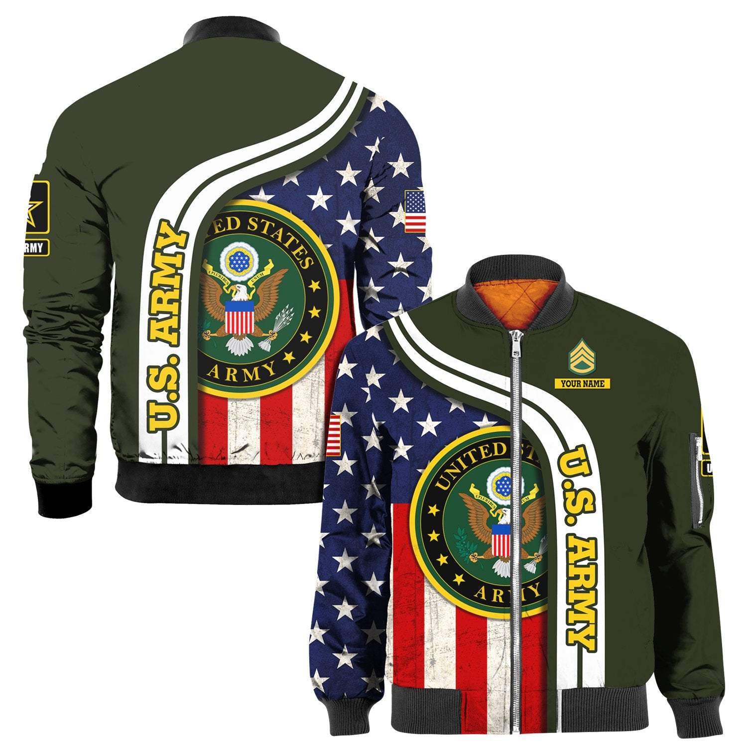 Custom 3D All Over Prints Bomber Jacket, Personalized Name And Military Logo, USA Flag-AOV-Custom-Veterans Nation