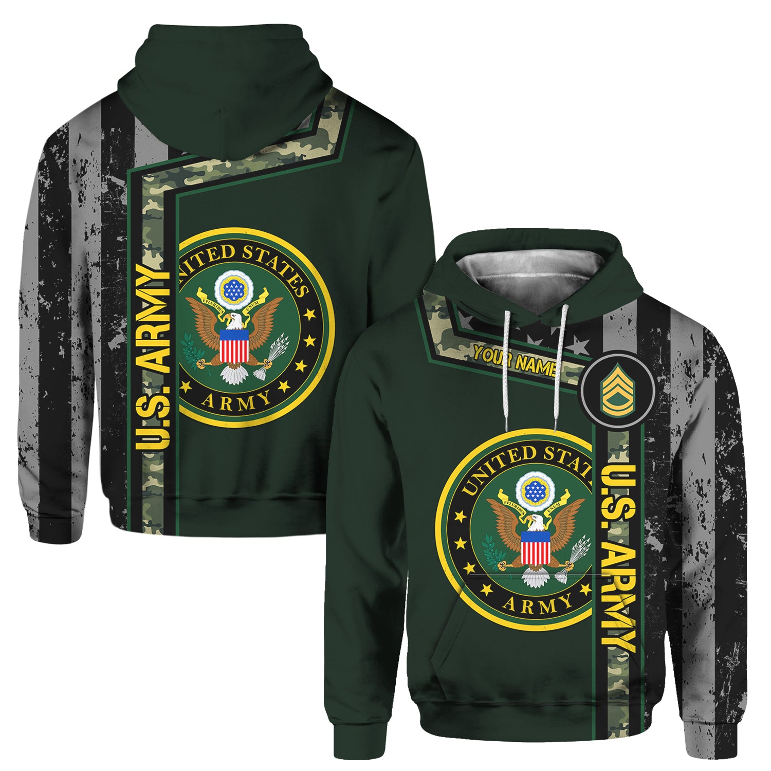 Custom 3D All Over Prints Hoodie, Personalized Name And Military Logo, Black/White USA Flag-AOV-Custom-Veterans Nation