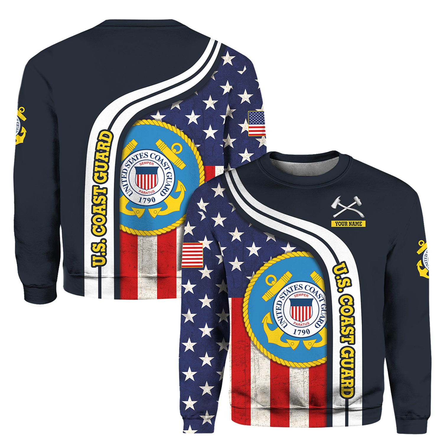 Custom 3D All Over Prints Crewneck Sweatshirt, Personalized Name And Military Logo, USA Flag-AOV-Custom-Veterans Nation