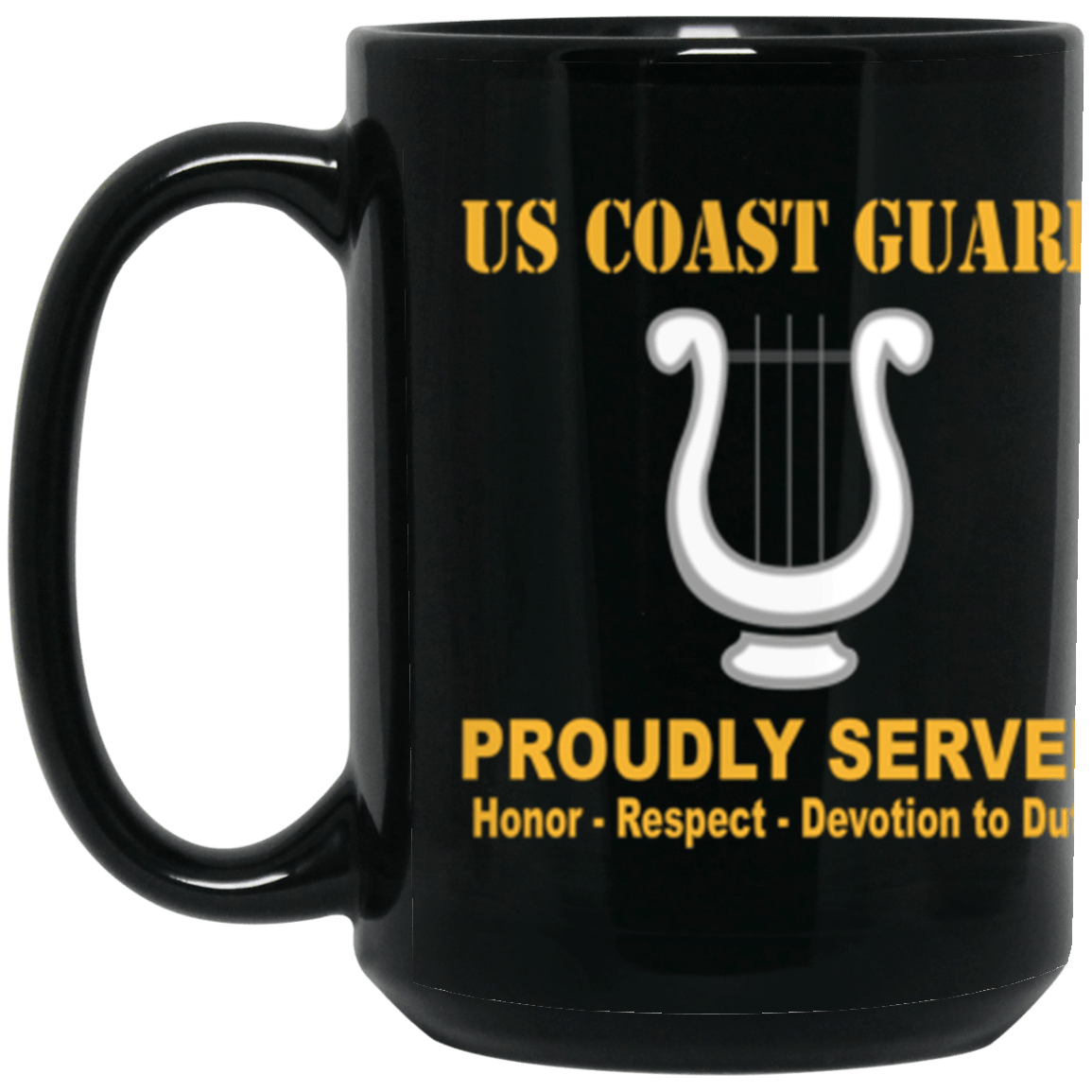 USCG Musician MU Logo Proudly Served Core Values 15 oz. Black Mug-Drinkware-Veterans Nation