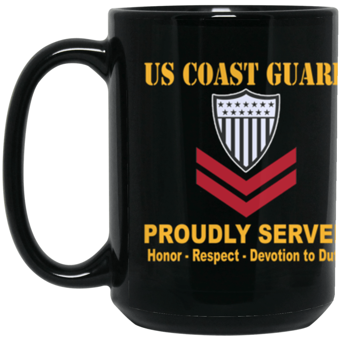 US Coast Guard E-5 Petty Officer Second Class E5 PO2 Petty Officer Proudly Served Core Values 15 oz. Black Mug-Drinkware-Veterans Nation