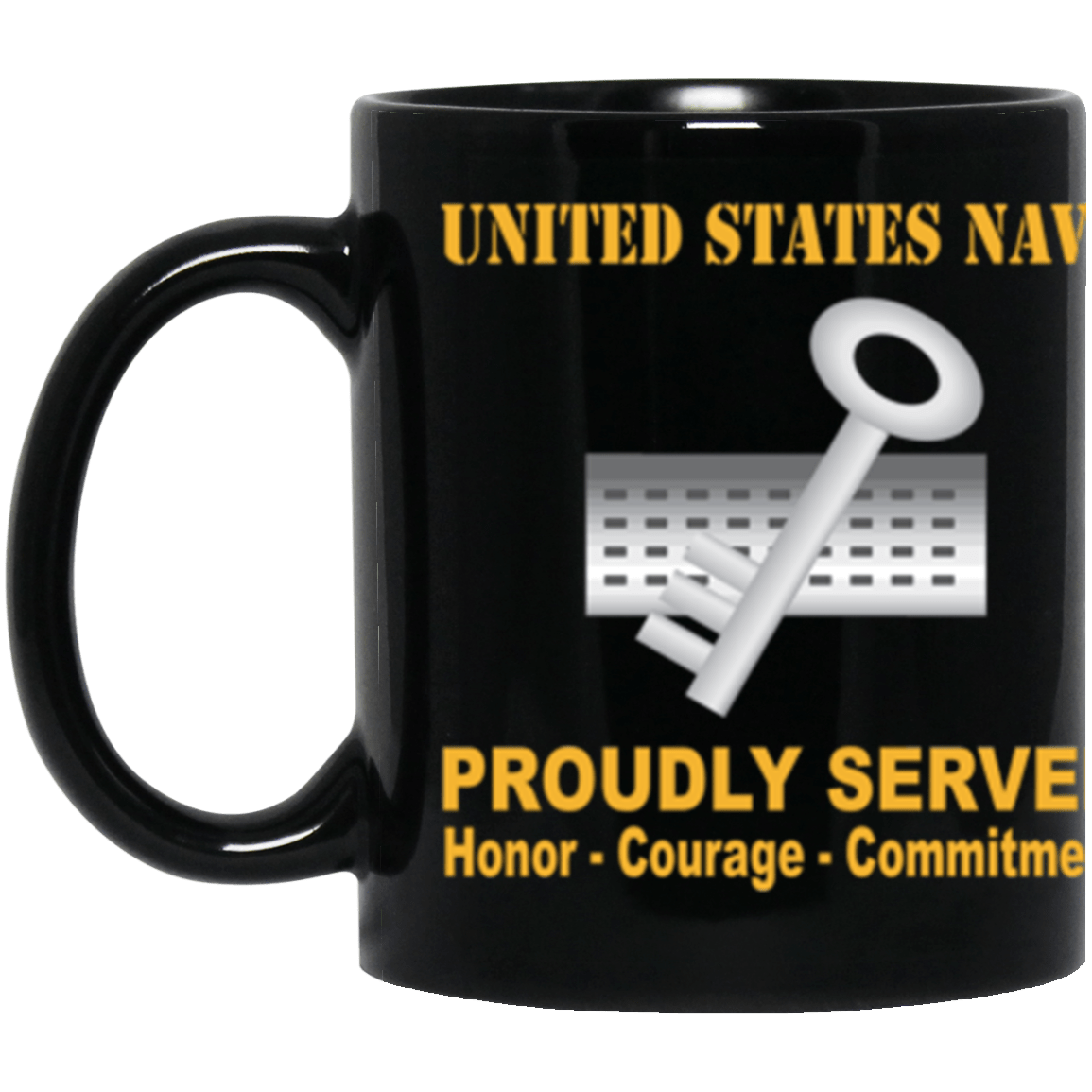 US Navy Navy Disbursing Clerk Navy DK Proudly Served Core Values 11 oz. Black Mug-Drinkware-Veterans Nation